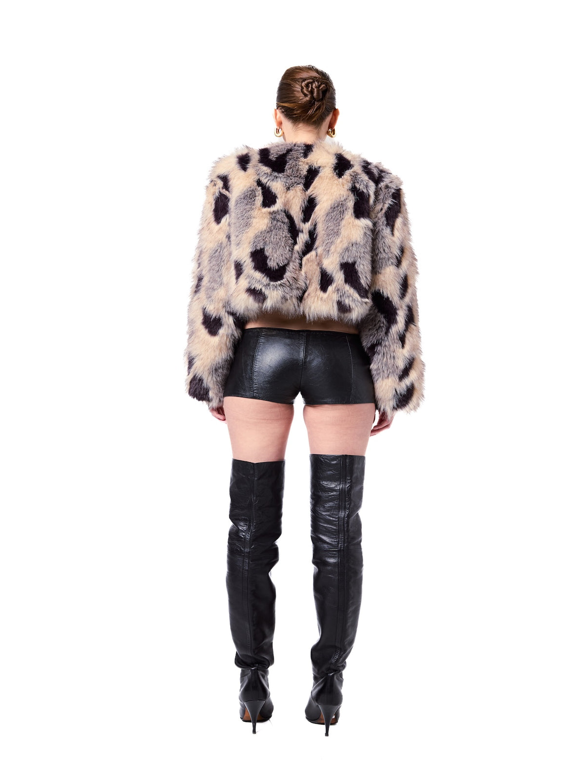 ANNA jacket in Silver Fox — back view showcasing the all-over multi-tone faux fur design, relaxed fit, and full textured finish.