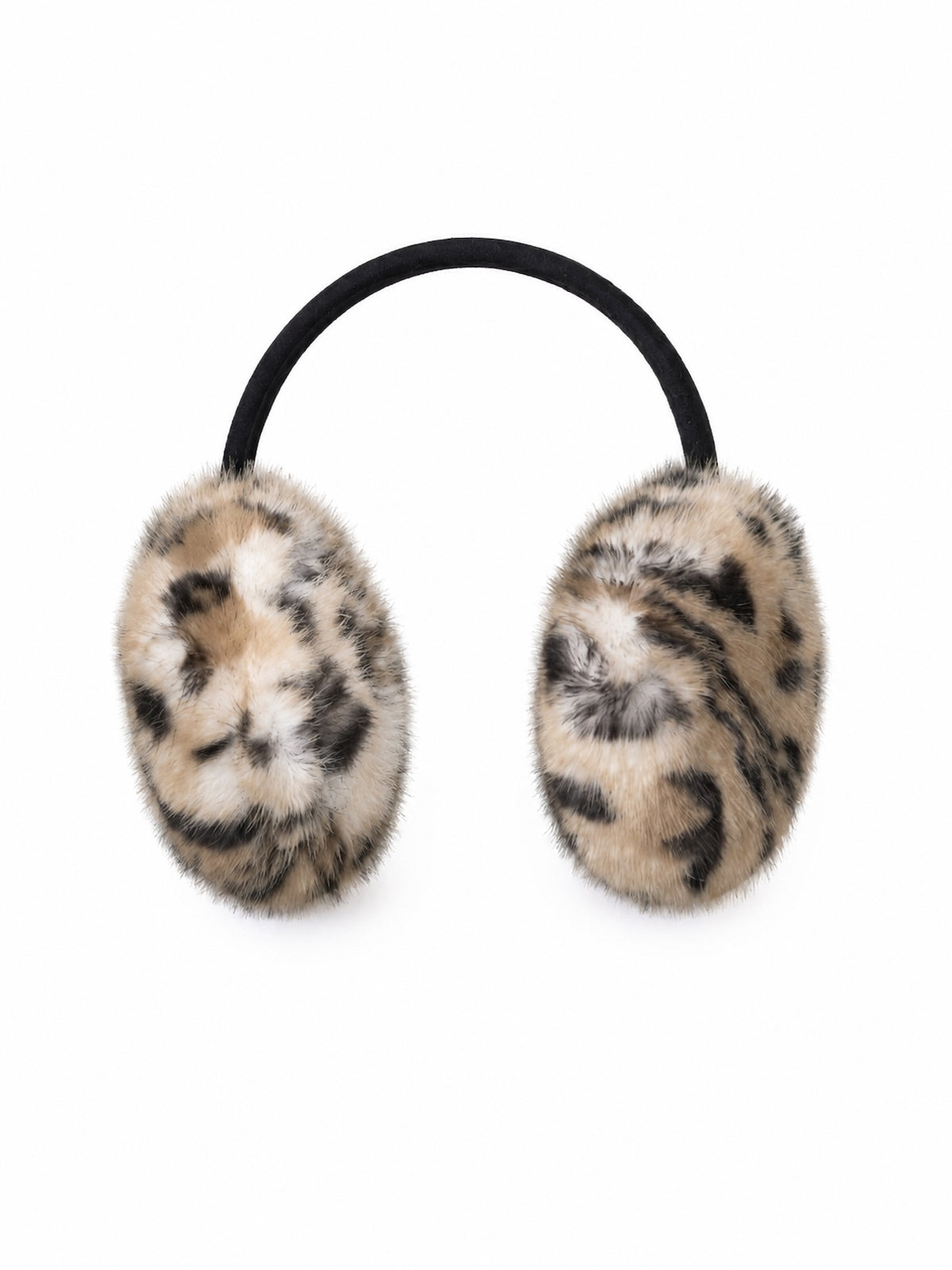 Luxury cruelty-free faux fur earmuffs in Leopard featuring a warm tan base with bold black leopard print, ultra-soft plush faux fur, and a comfortable covered headband for cozy warmth and statement winter style.