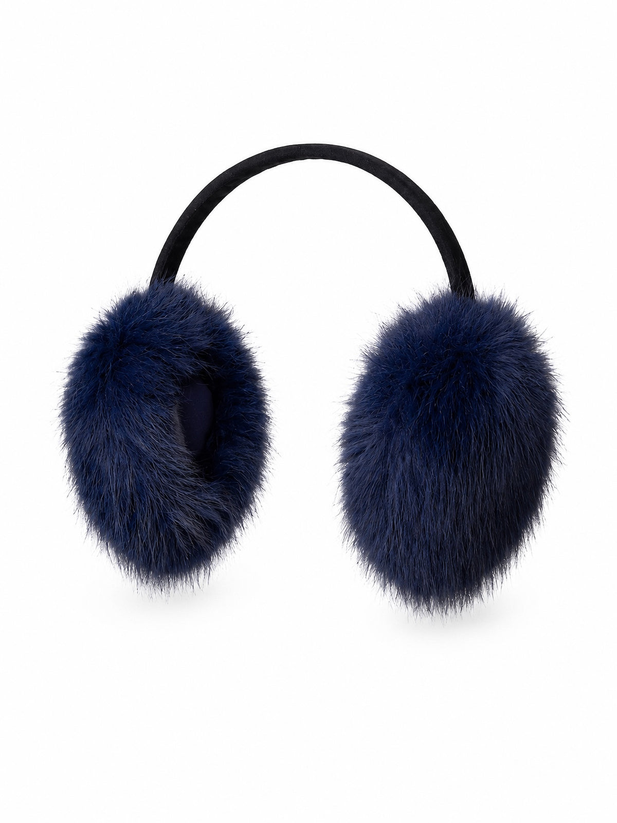 Luxury cruelty-free faux fur earmuffs in Sapphire featuring a rich deep navy blue hue, ultra-soft plush faux fur, and a comfortable covered headband designed to provide elegant warmth and timeless winter style.
