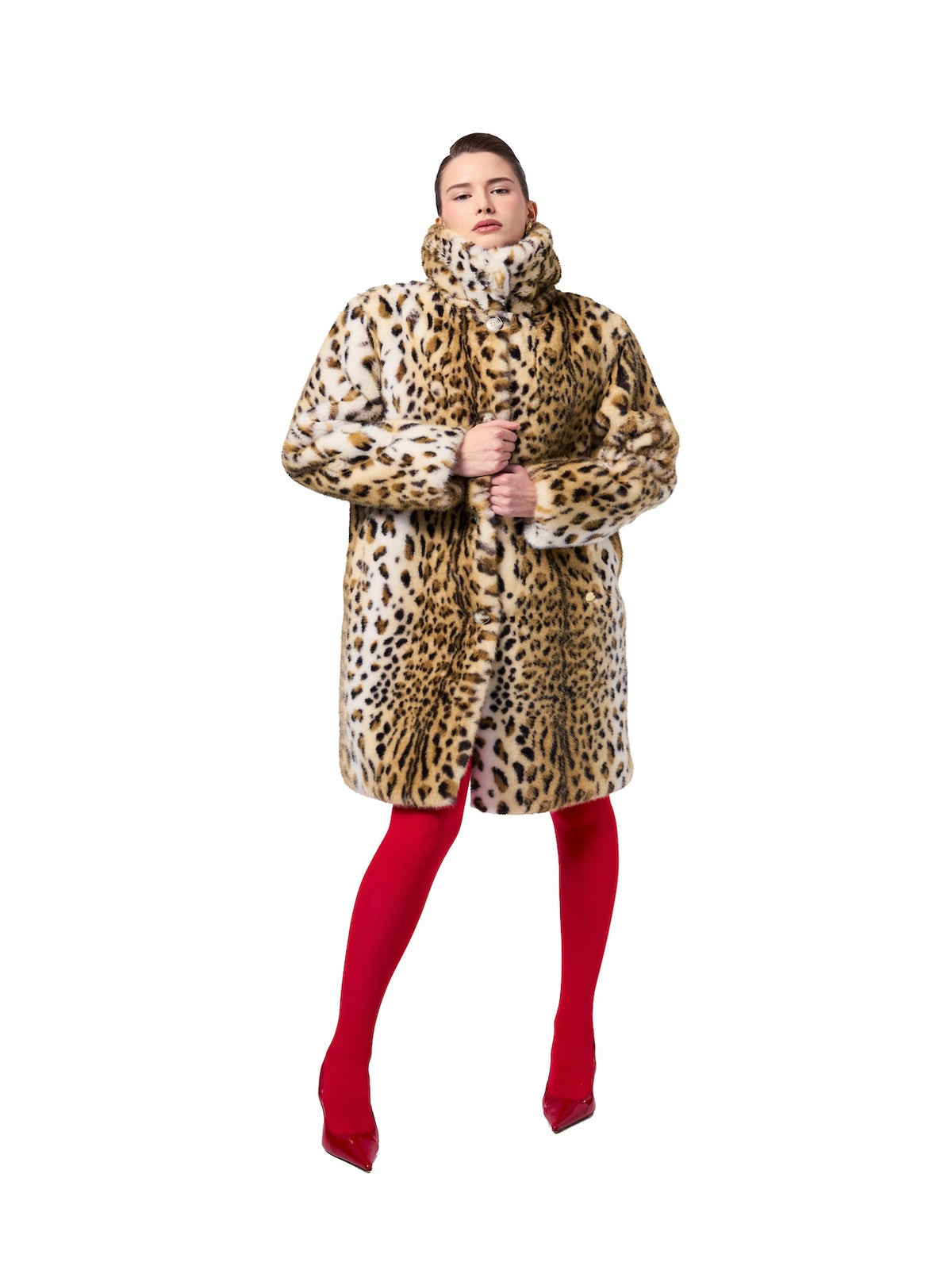 AUDREY coat in Leopard — front view of a luxurious mid-length faux fur coat featuring a classic leopard print pattern, oversized stand collar, front button closure, and relaxed silhouette.