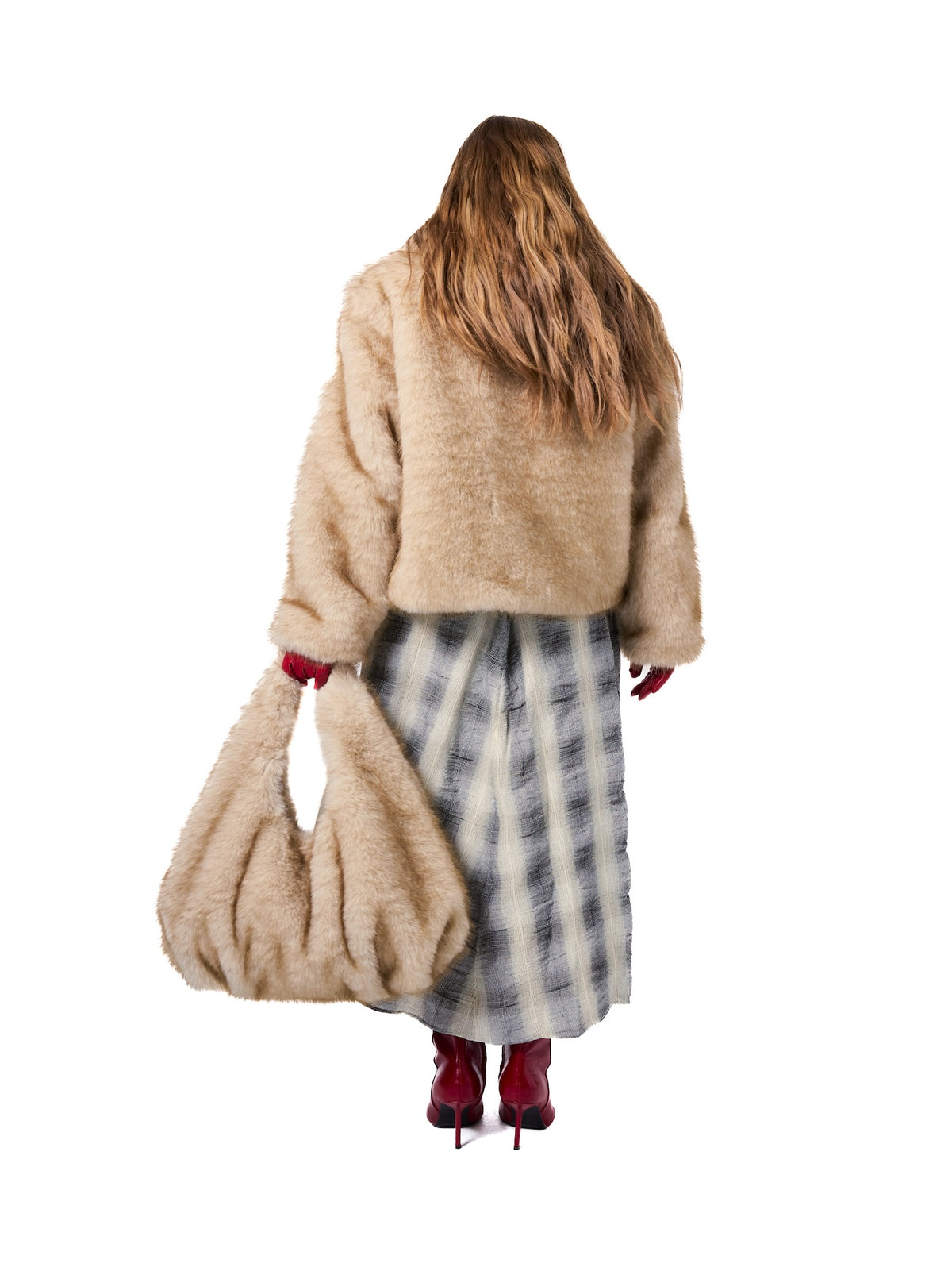 CORI jacket in Fox — back view showcasing the luxurious fox-colored faux fur, soft texture, clean cropped silhouette, and premium craftsmanship.
