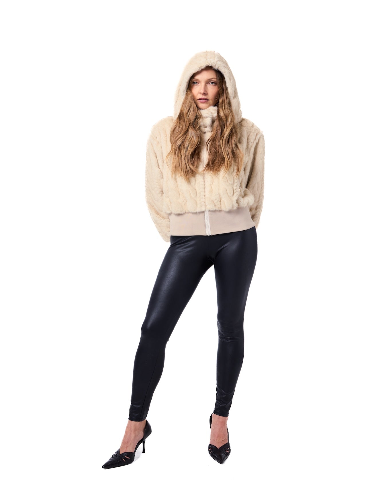 FIONA jacket in Cream Cable — front view of cropped cruelty-free faux fur jacket featuring a cable-inspired texture, oversized hood, ribbed hem, and soft cream finish.