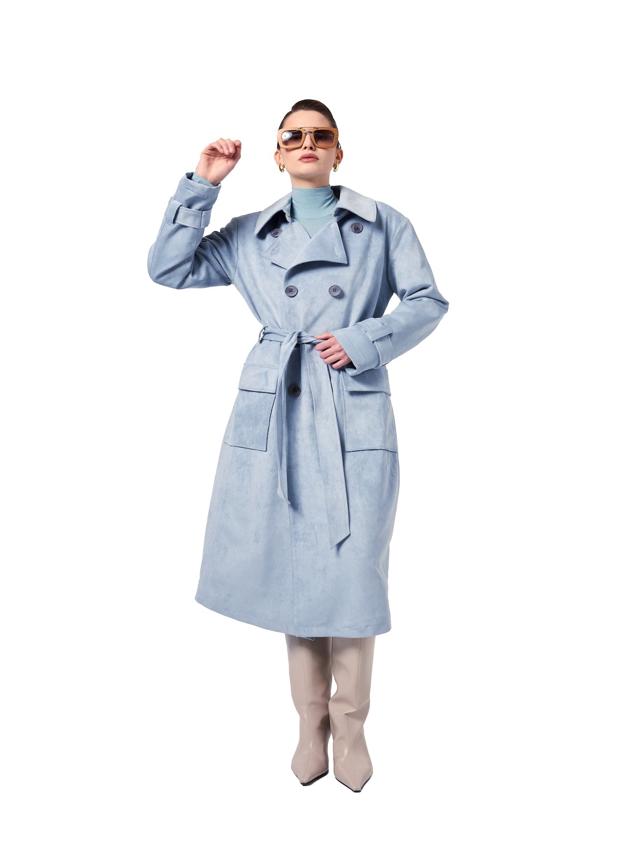 GRACE coat in Cloud — front view of a light blue vegan suede double-breasted coat featuring an oversized notch collar, adjustable self-belt, patch pockets, and a sophisticated full-length silhouette.