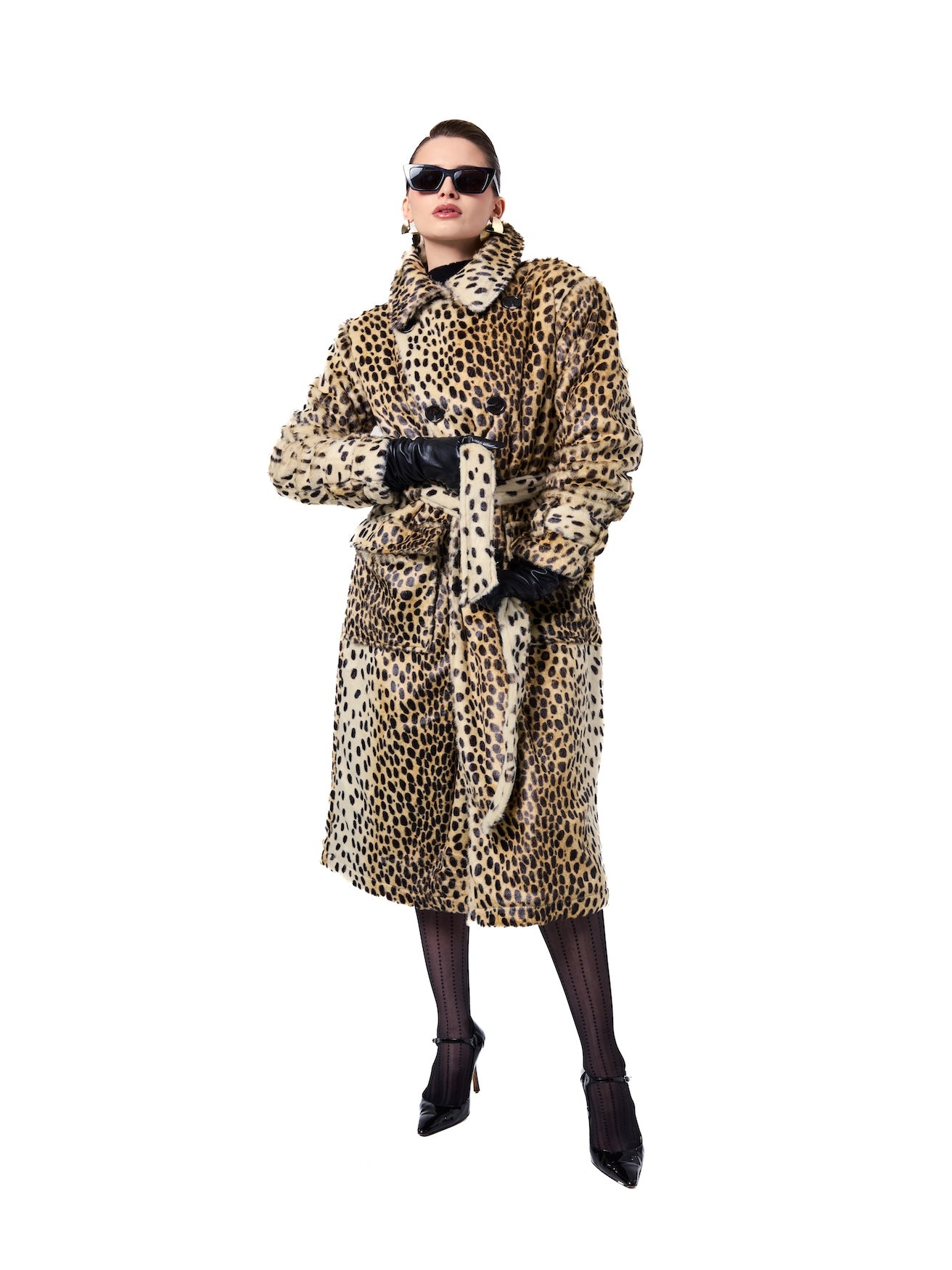GRACE coat in Leopard — front view of a full-length leopard print cruelty-free pony hair coat featuring a double-breasted front, oversized notch collar, self-tie belt, and statement luxury silhouette.
