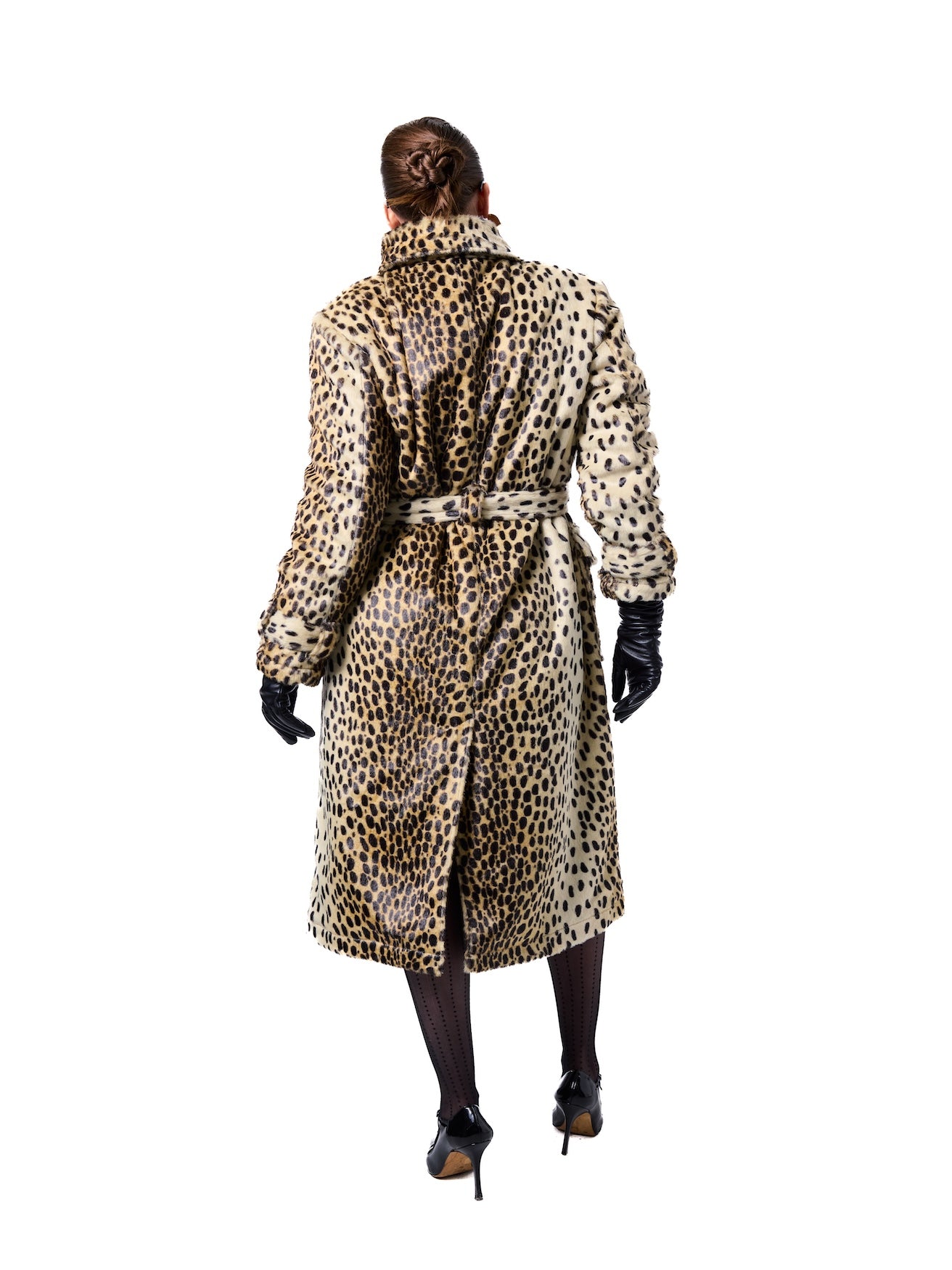GRACE coat in Leopard — back view highlighting the dramatic leopard pattern, full-length silhouette, adjustable belt detail, and luxury faux fur-inspired texture.