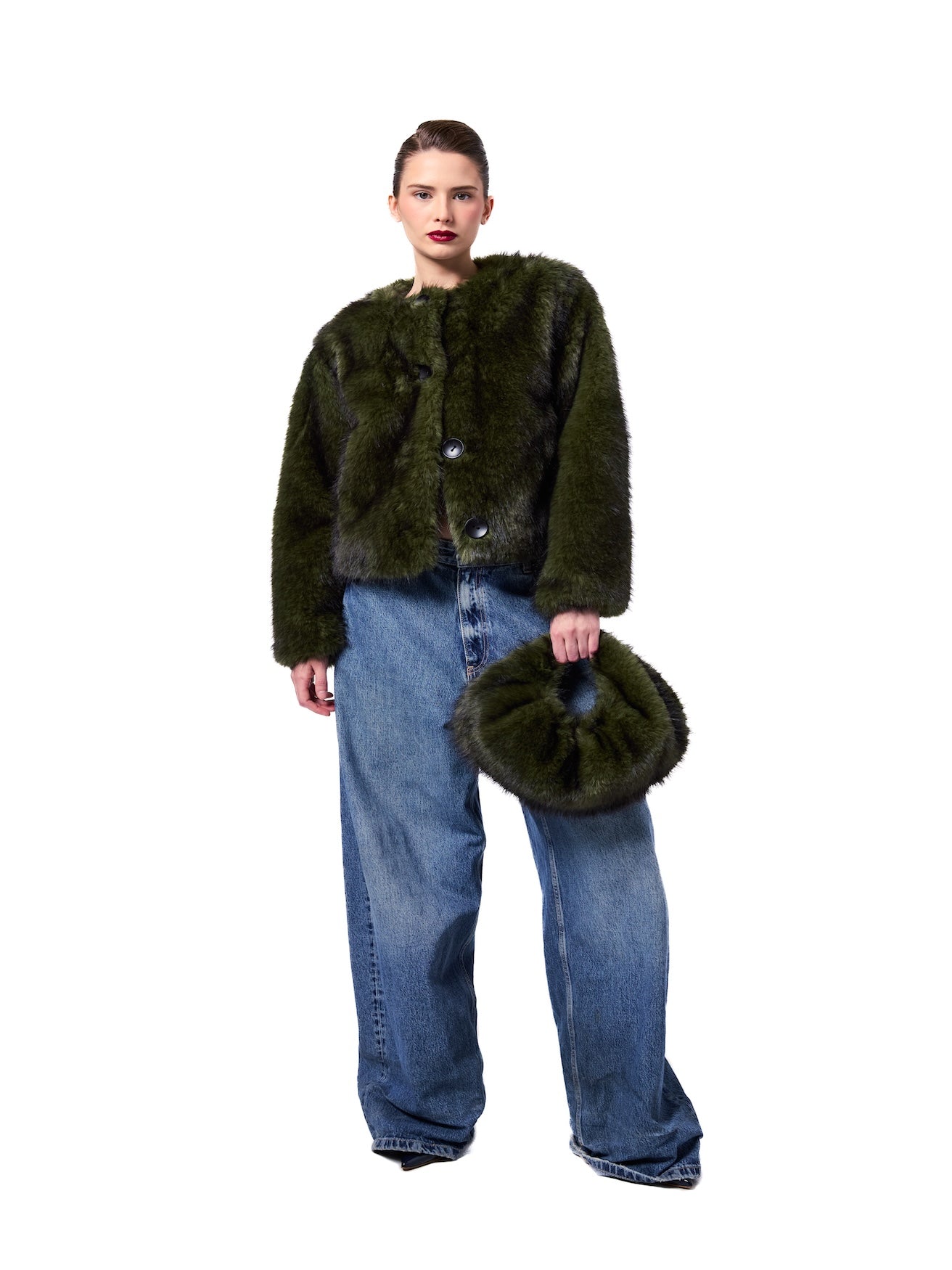 LOUISE jacket in Evergreen — front view of cropped vegan faux fur coat featuring a rich green hue, oversized buttons, plush texture, and matching faux fur handbag.