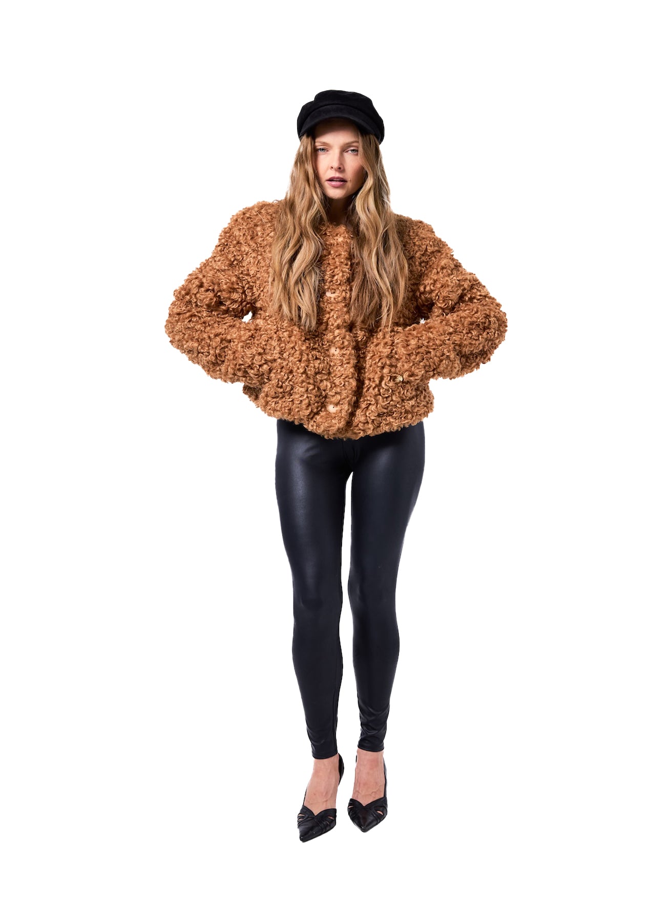 LOUISE jacket in Maple — front view of cropped cruelty-free shearling jacket featuring a warm maple hue, curly textured finish, and button-front closure.