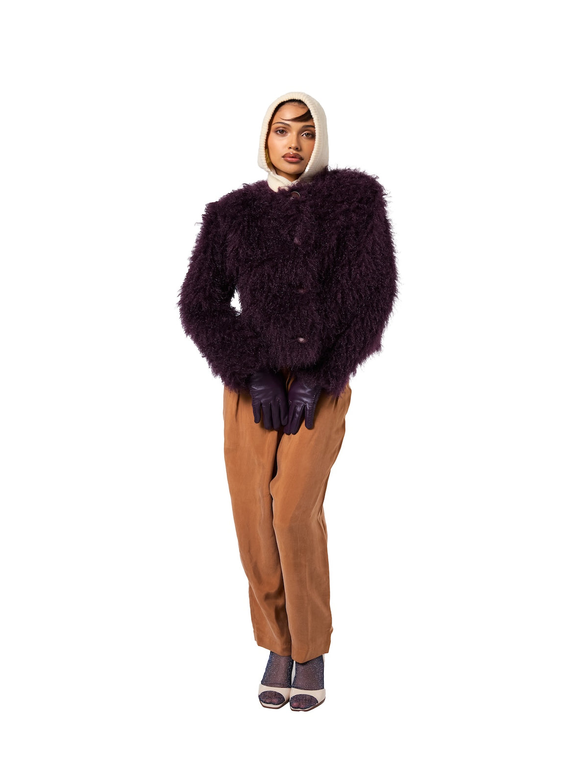 LOUISE jacket in Plum — front view of cropped cruelty-free lamb's fur coat featuring a rich plum hue, plush texture, structured shoulders, and button-front closure.