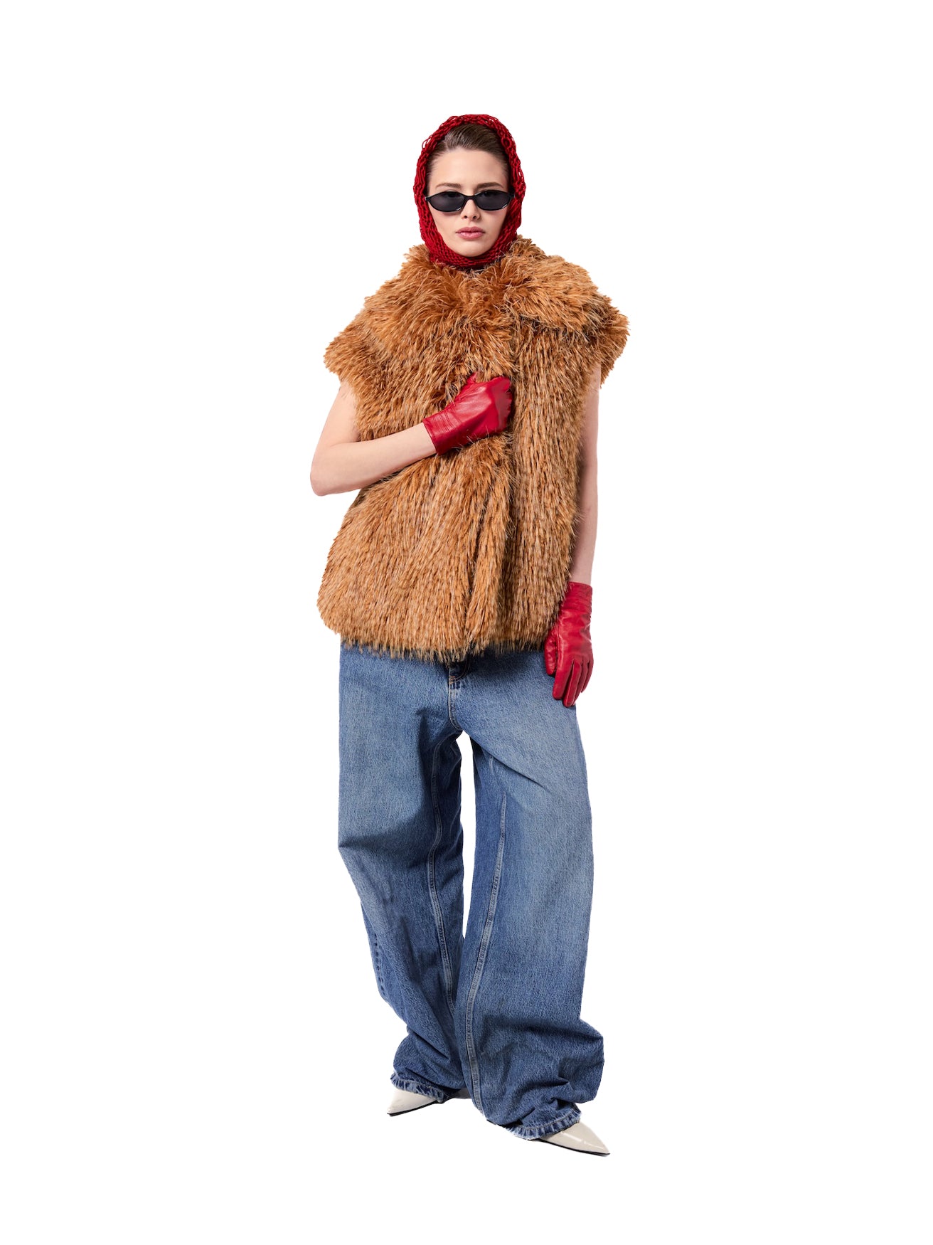 MIA vest in Butterscotch — front view of an oversized faux fur vest featuring a rich golden-brown color, dramatic shawl collar, plush shag texture, and relaxed statement silhouette.
