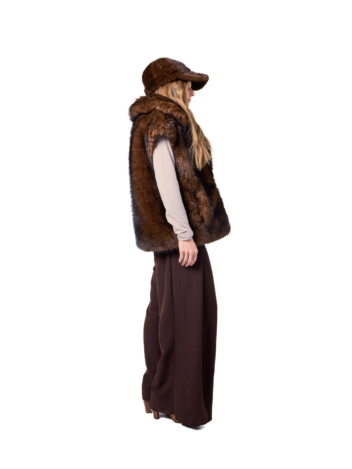 MIA vest in Grizzly — side profile highlighting the ultra-soft faux fur texture, dramatic collar detail, sleeveless construction, and relaxed statement fit.