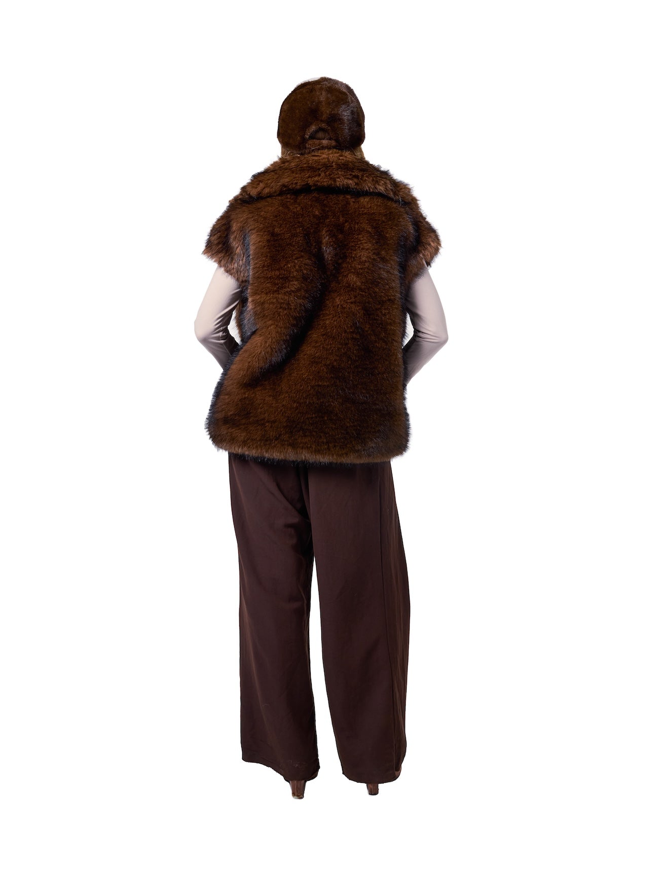 MIA vest in Grizzly — back view showcasing the rich dark brown faux fur finish, oversized collar, premium texture, and elegant relaxed silhouette.