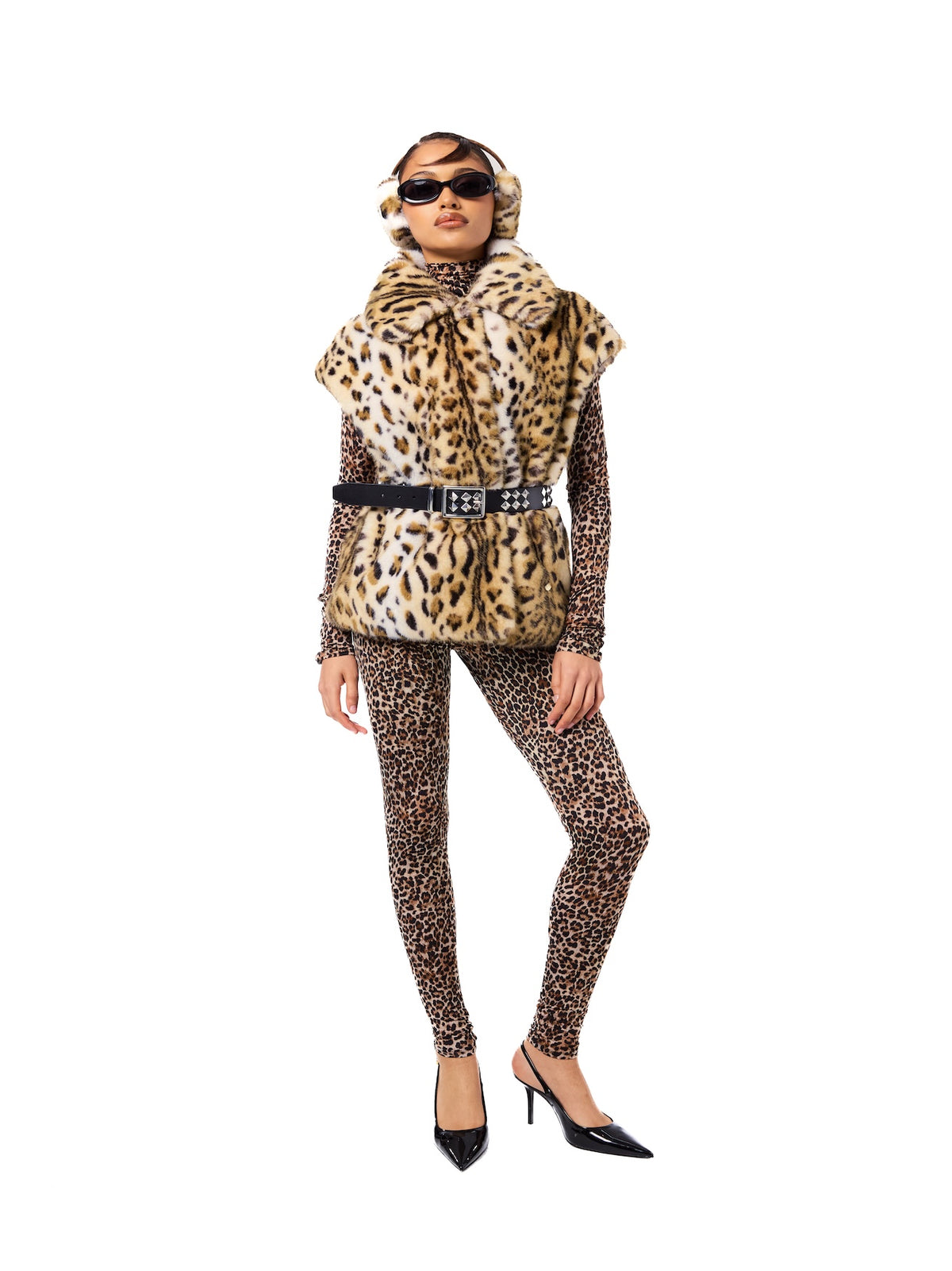 MIA vest in Leopard — front view of a luxurious leopard print faux fur vest featuring a dramatic oversized collar, sleeveless silhouette, plush texture, and sophisticated statement styling.