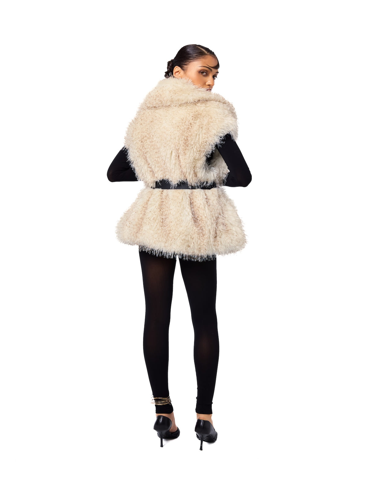 MIA vest in Pebble — back view showcasing the soft pebble-toned faux fur, premium craftsmanship, oversized collar detail, and elegant statement silhouette.
