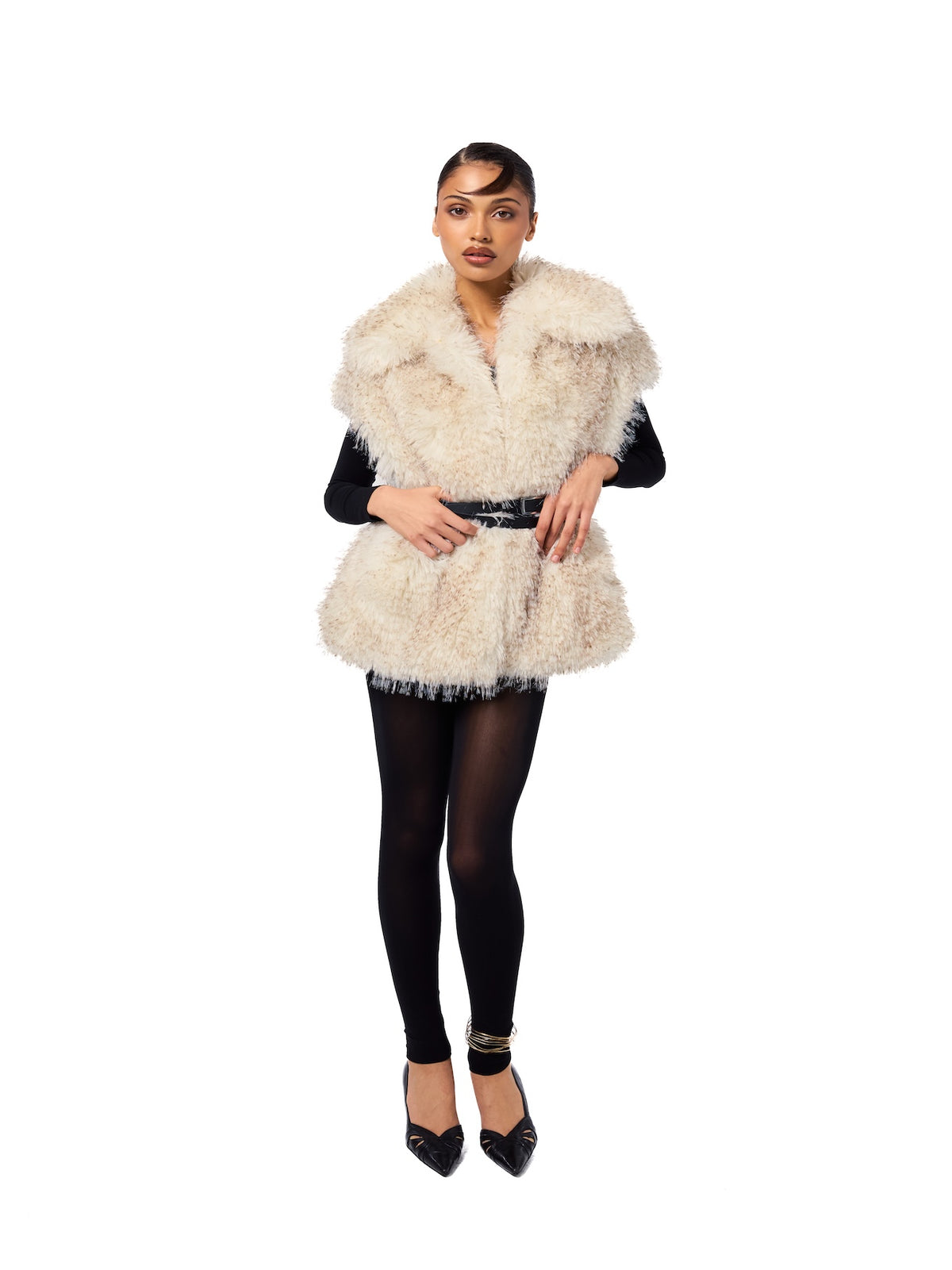 MIA vest in Pebble — front view of a luxurious pebble-colored faux fur vest featuring a dramatic oversized collar, sleeveless silhouette, ultra-soft texture, and sophisticated statement styling.