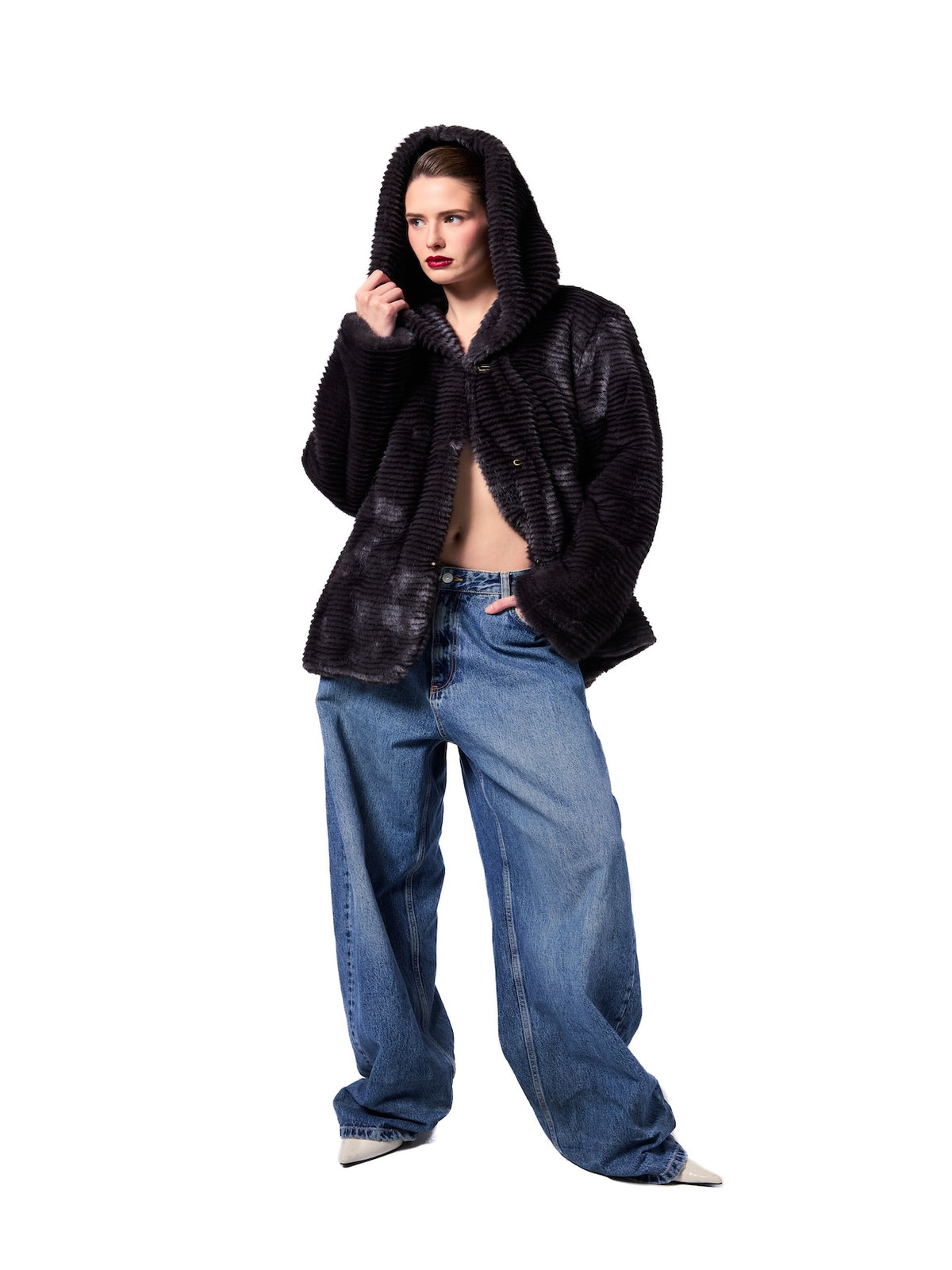 NIKI jacket in Shadow Stripe — front view of a hooded cruelty-free faux fur jacket featuring a textured shadow stripe finish, oversized hood, relaxed fit, and luxurious winter styling.