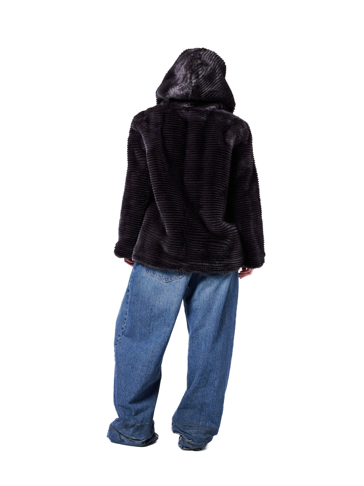 NIKI jacket in Shadow Stripe — back view highlighting the dramatic hood, soft shadow stripe texture, and relaxed fit crafted from premium cruelty-free faux fur.