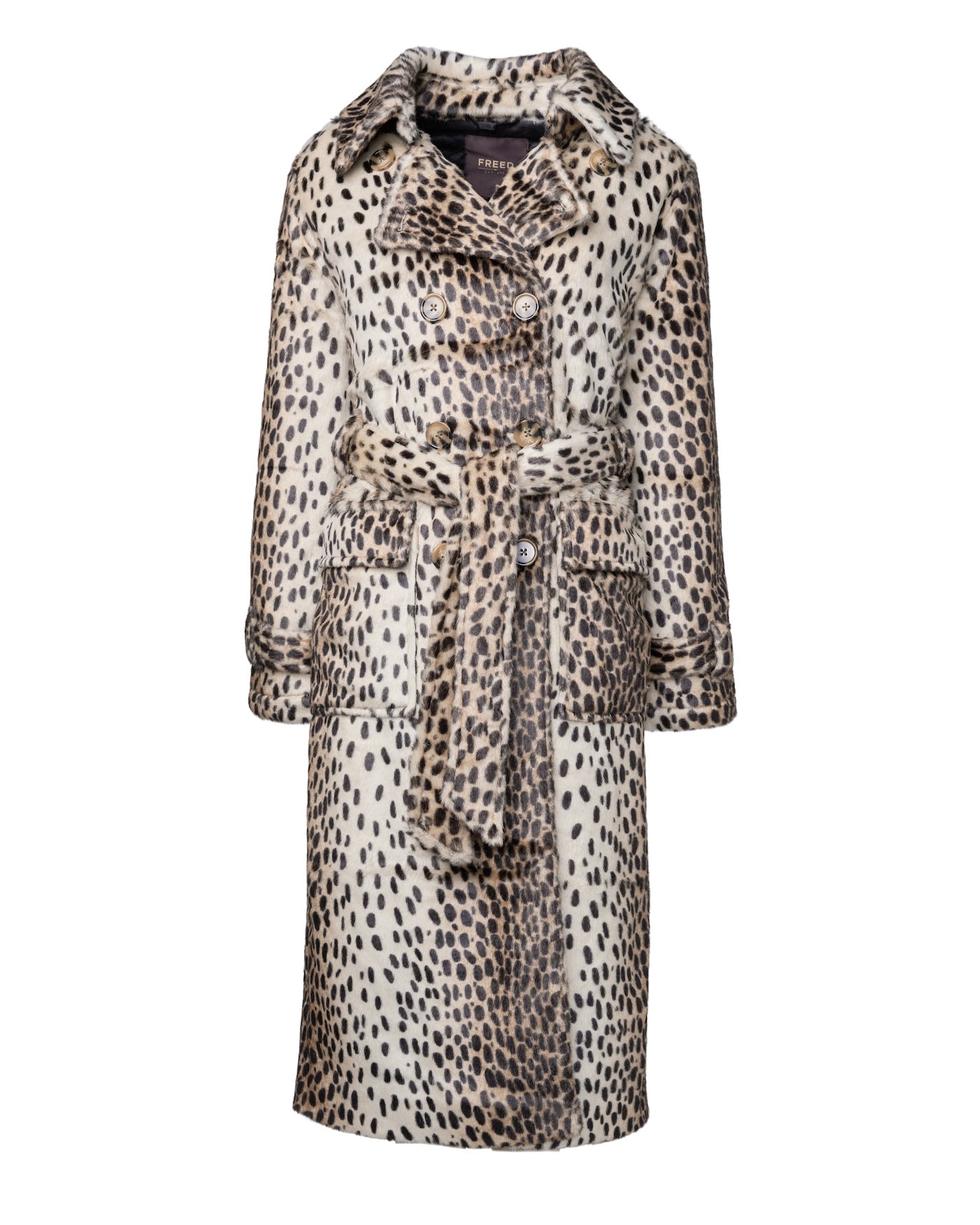 Luxury faux fur trench coat in Grace Leopard featuring a timeless leopard print, a double-breasted silhouette with a belted waist, oversized lapels, and functional patch pockets for a bold yet sophisticated cold-weather look.