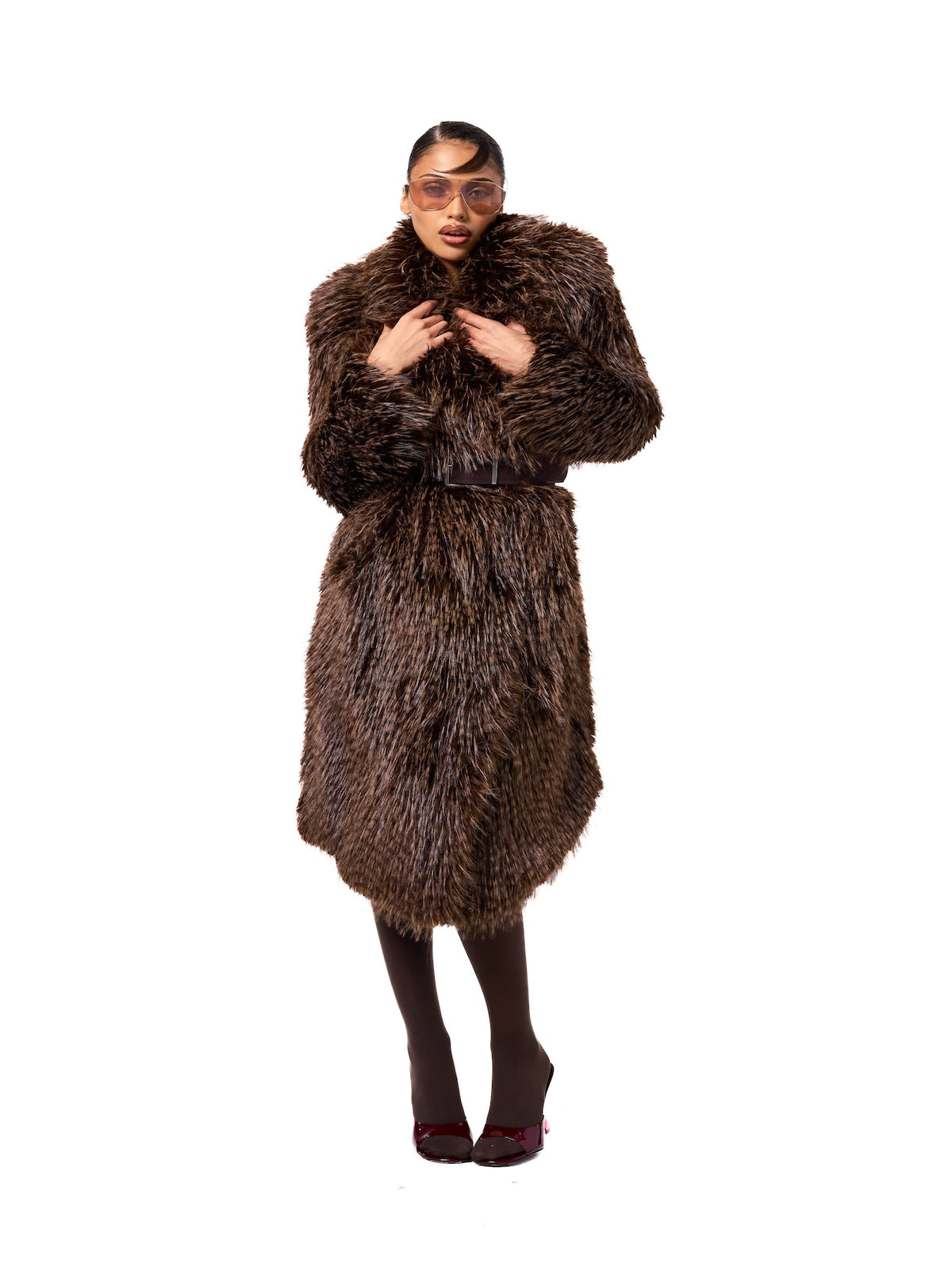 LONDON coat in Sable featuring premium cruelty-free faux fur, oversized notch collar, double-breasted front closure, and luxurious winter styling.
