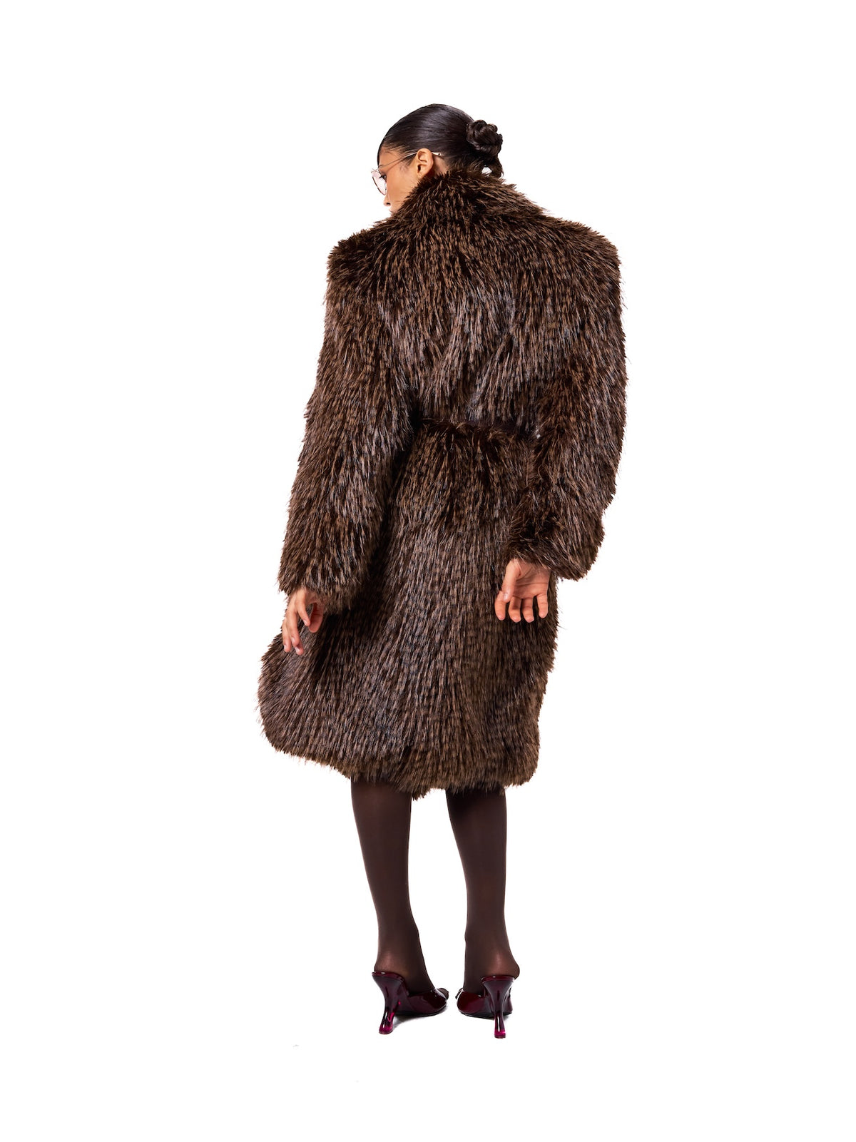 Back view of the LONDON Sable coat highlighting the luxurious faux fur texture, tailored shape, and sophisticated winter design.