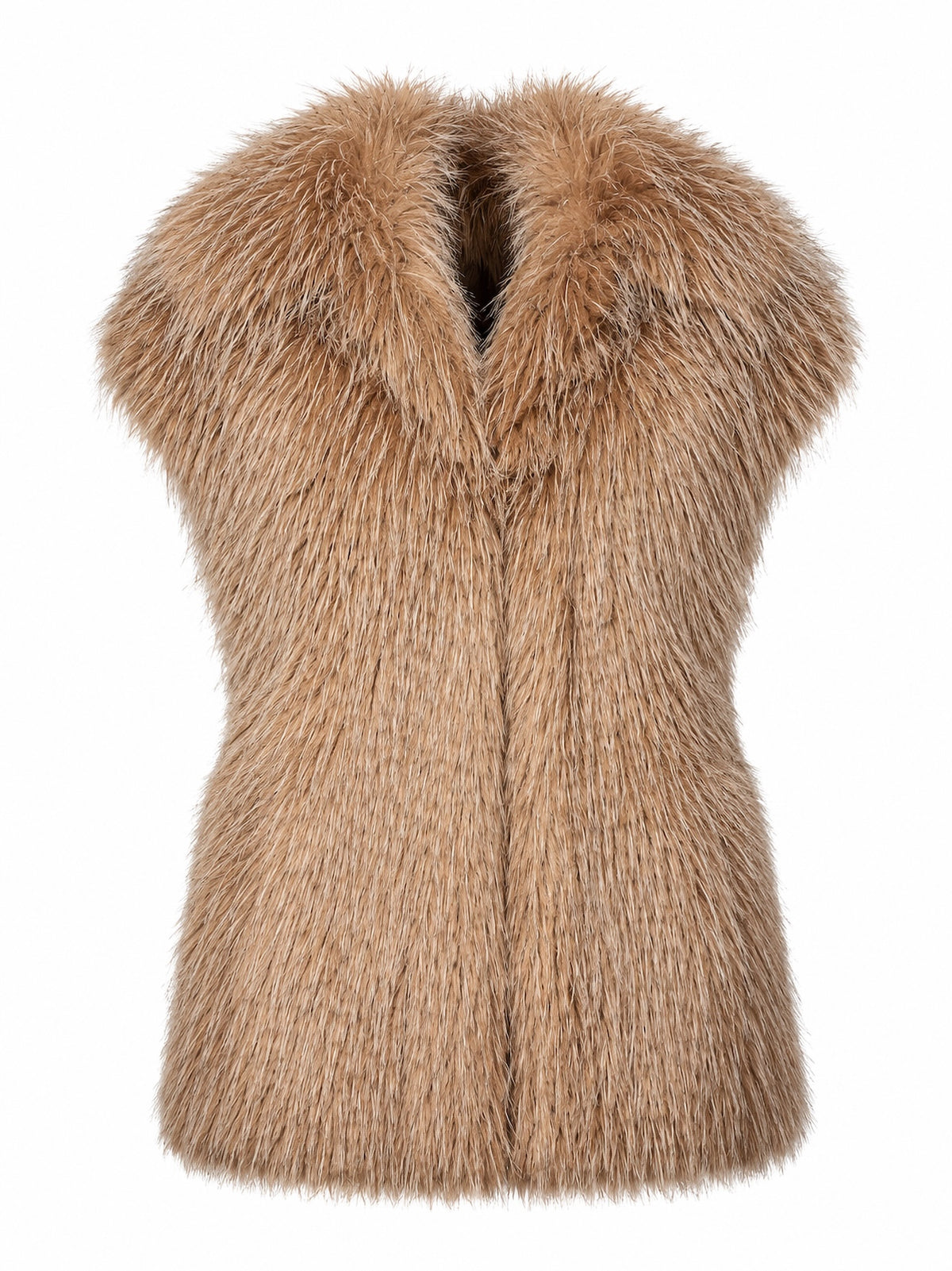 Premium cruelty-free faux fur vest in a warm butterscotch hue featuring a plush shawl collar, sleeveless silhouette, and a long-pile luxurious finish.