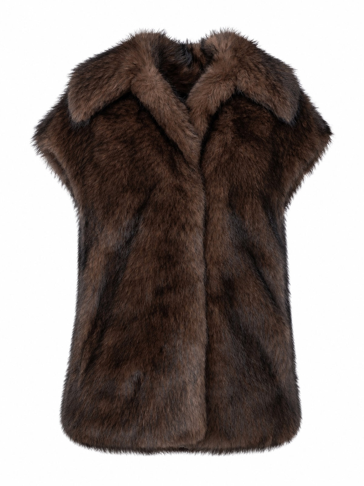 Premium cruelty-free faux fur vest in a rich grizzly brown hue featuring a plush shawl collar, sleeveless silhouette, and a soft natural-looking finish.
