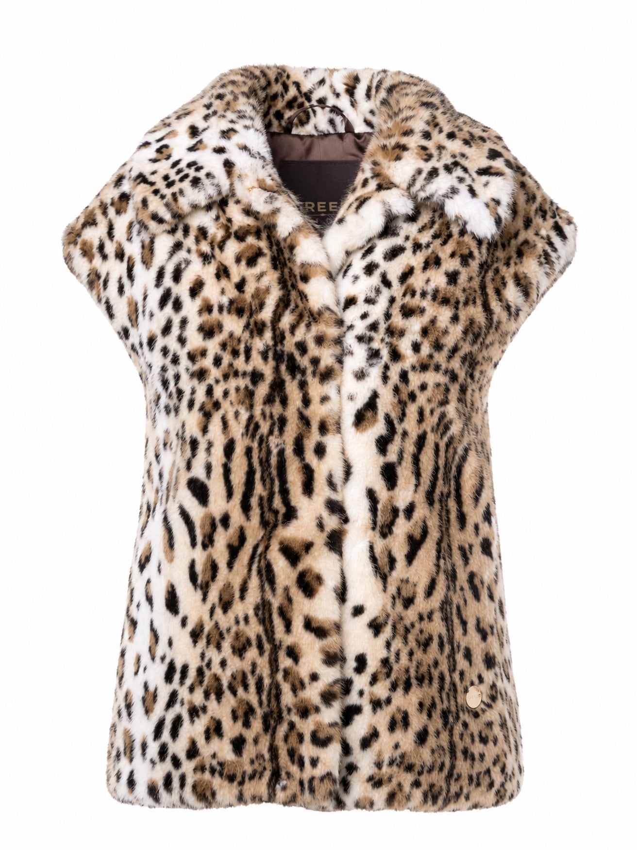 Premium cruelty-free faux fur vest in a classic leopard print featuring a plush shawl collar, sleeveless silhouette, and a luxurious long-pile finish.