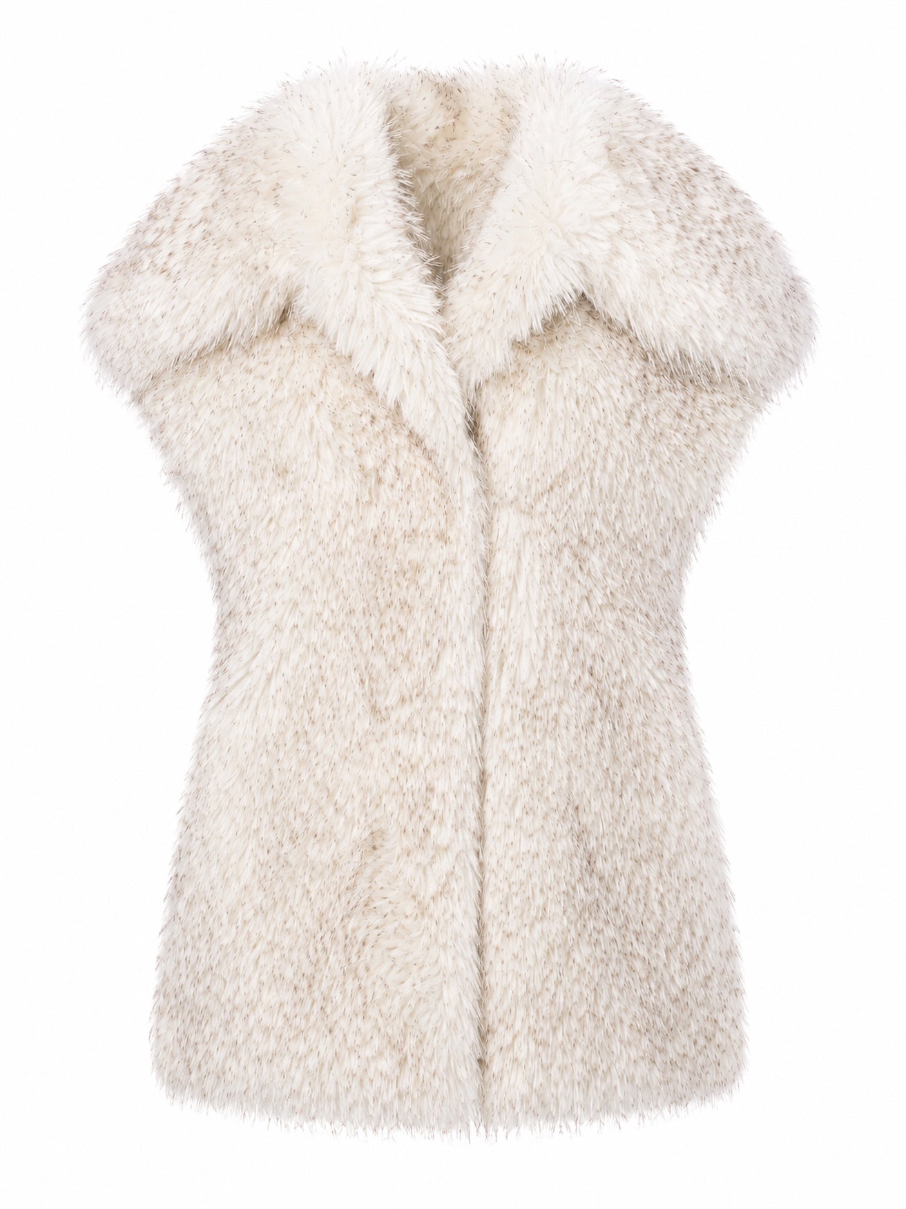 Premium cruelty-free faux fur vest in a soft pebble hue featuring a plush shawl collar, sleeveless silhouette, and a lightly speckled long-pile finish.