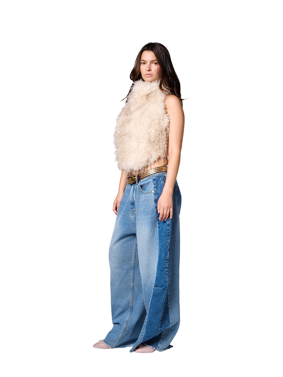 Textured SKYE faux fur top in Pebble featuring an ivory base with subtle neutral flecks and a cozy statement silhouette.