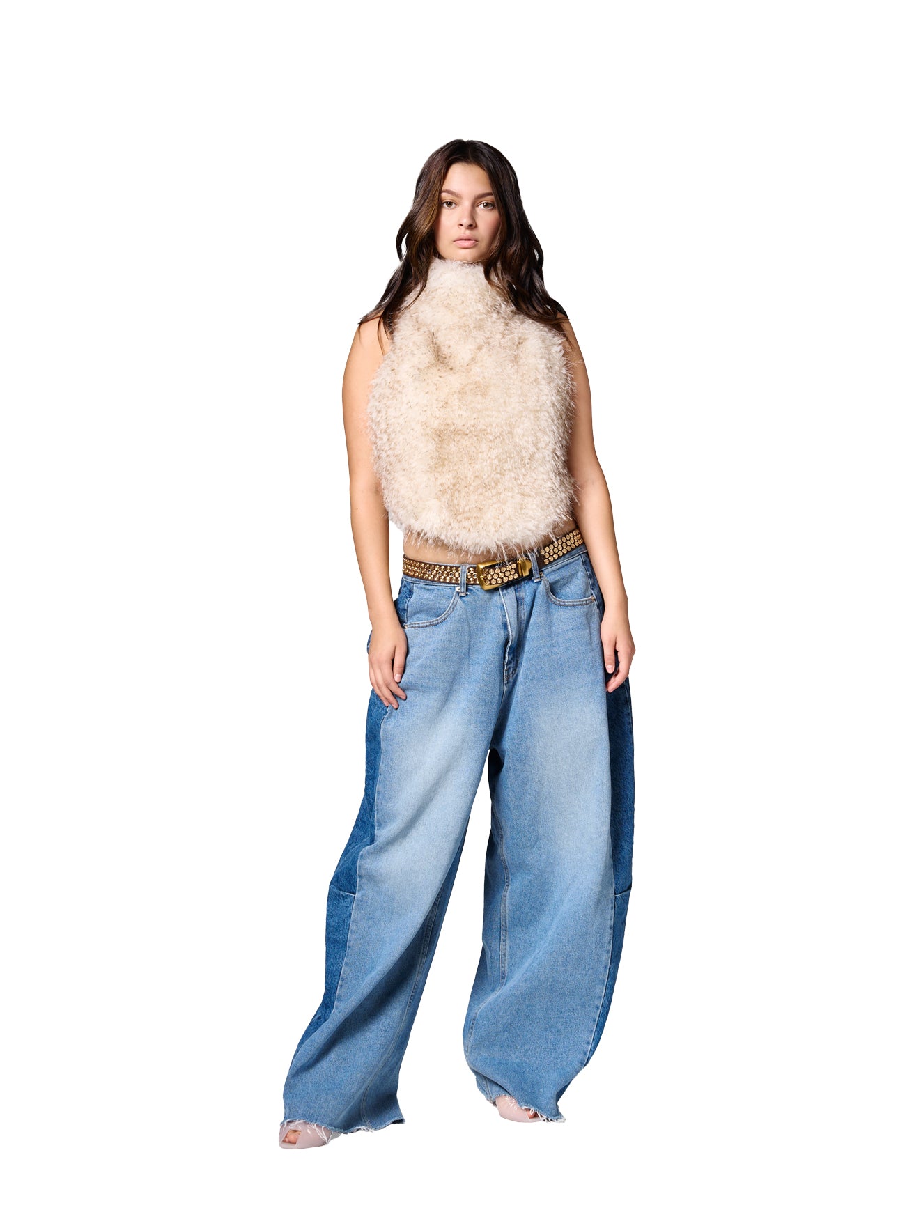 SKYE faux fur top in Pebble featuring a soft ivory color, subtle taupe accents, and a plush textured finish.