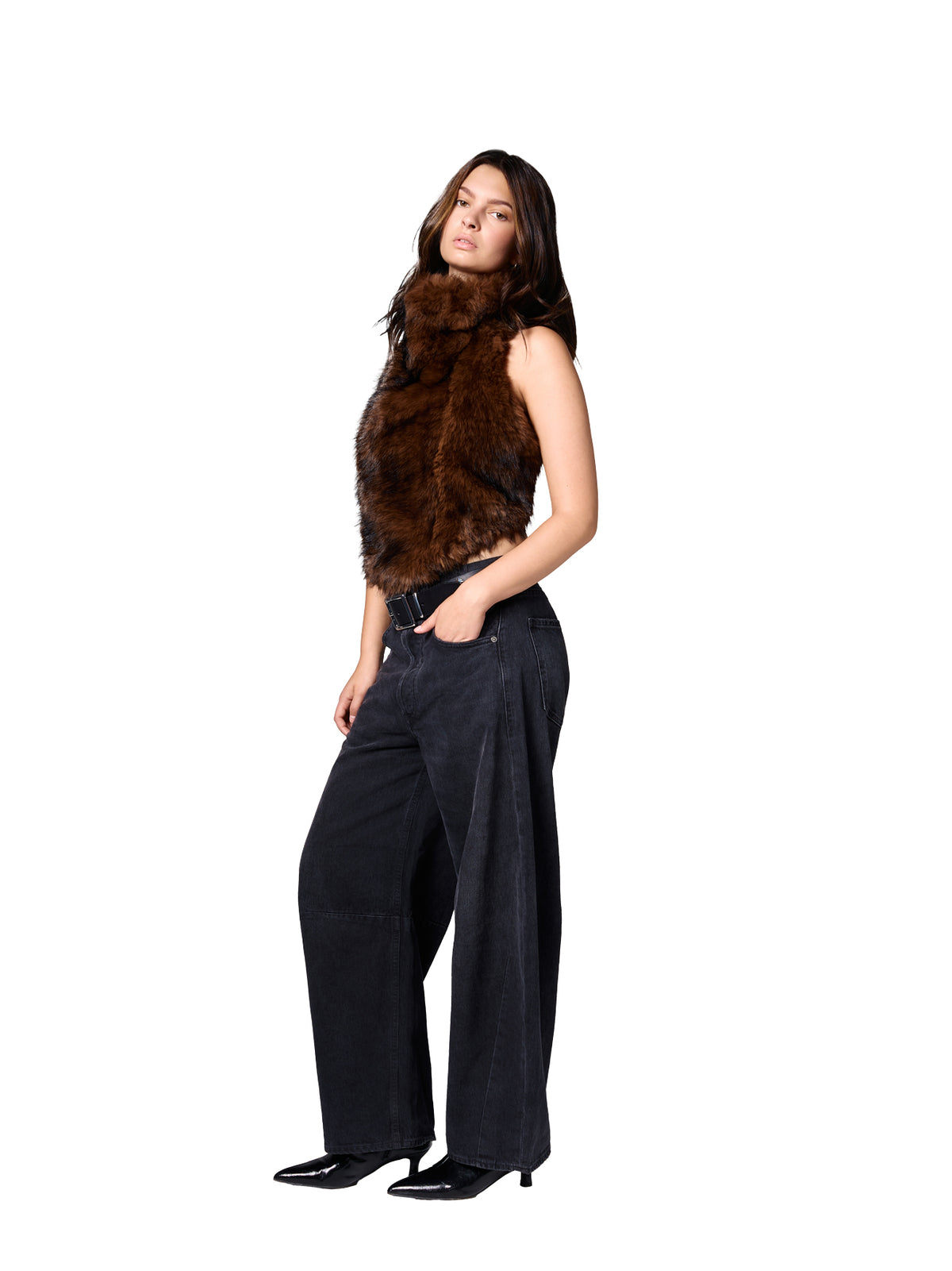 Textured SKYE top in Sable with deep brown coloring and a soft, voluminous faux fur finish.