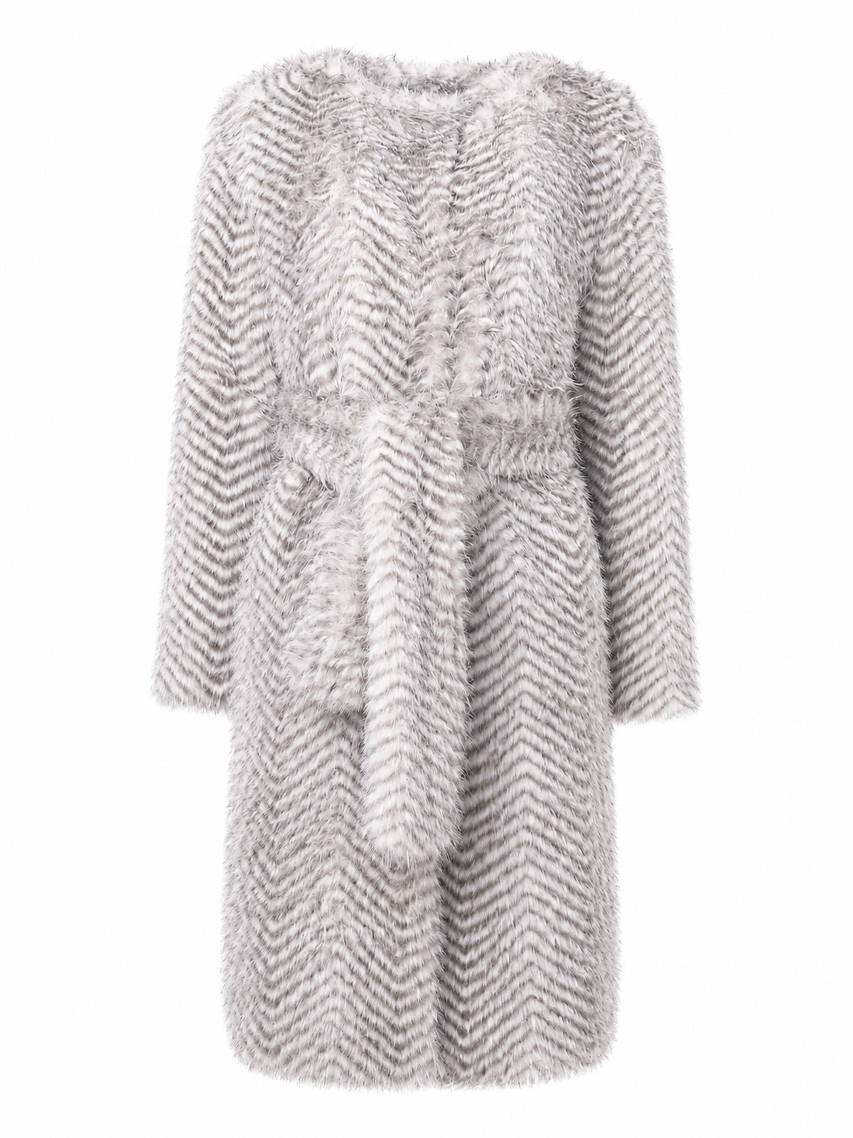 Premium cruelty-free faux fur coat in a snow lynx pattern featuring a collarless neckline, self-tie belt, and an elegant full-length silhouette.