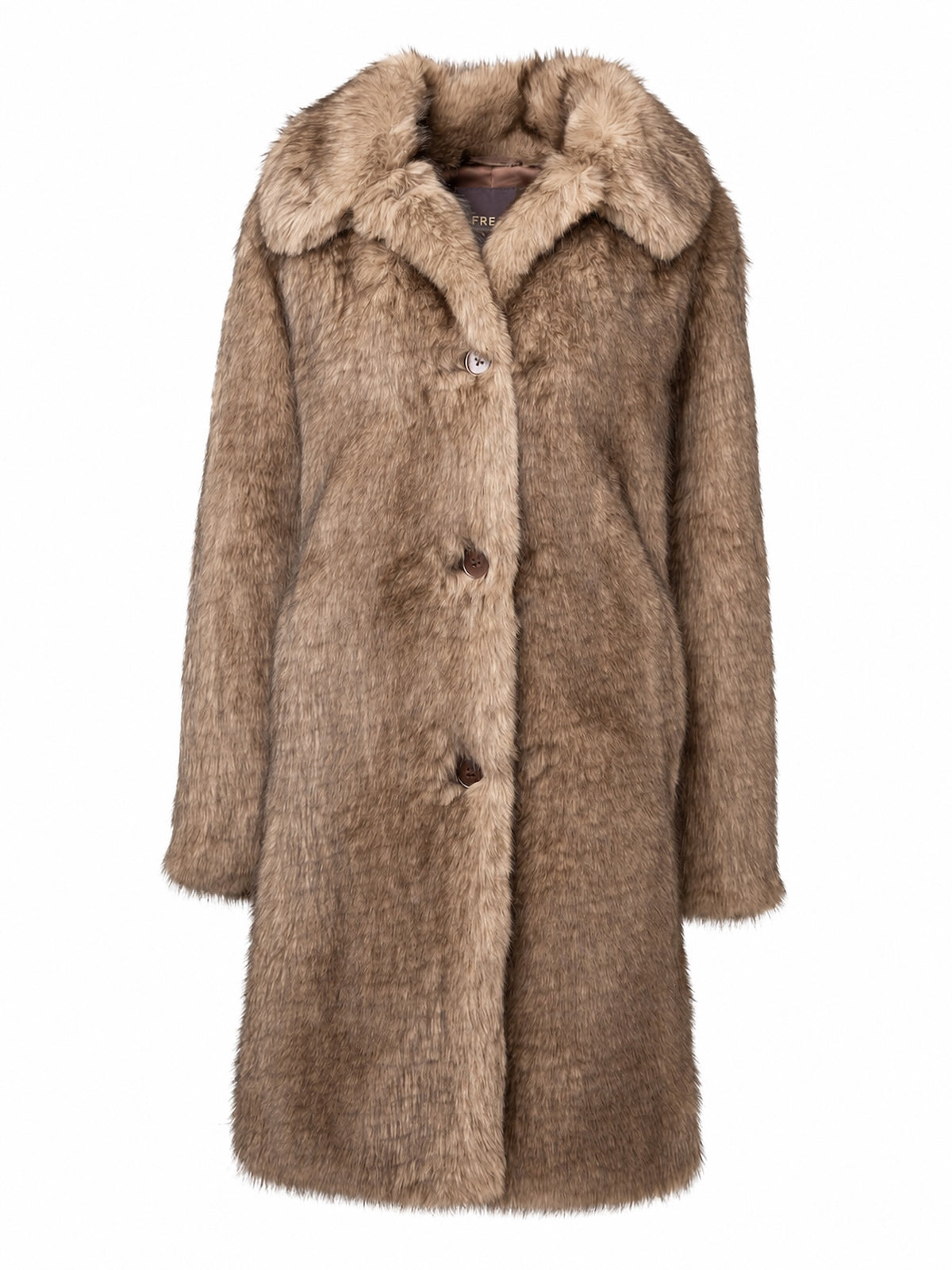 Premium cruelty-free faux fur coat in a warm bronde hue featuring a notched lapel collar, button-front closure, and a sleek mid-length silhouette.