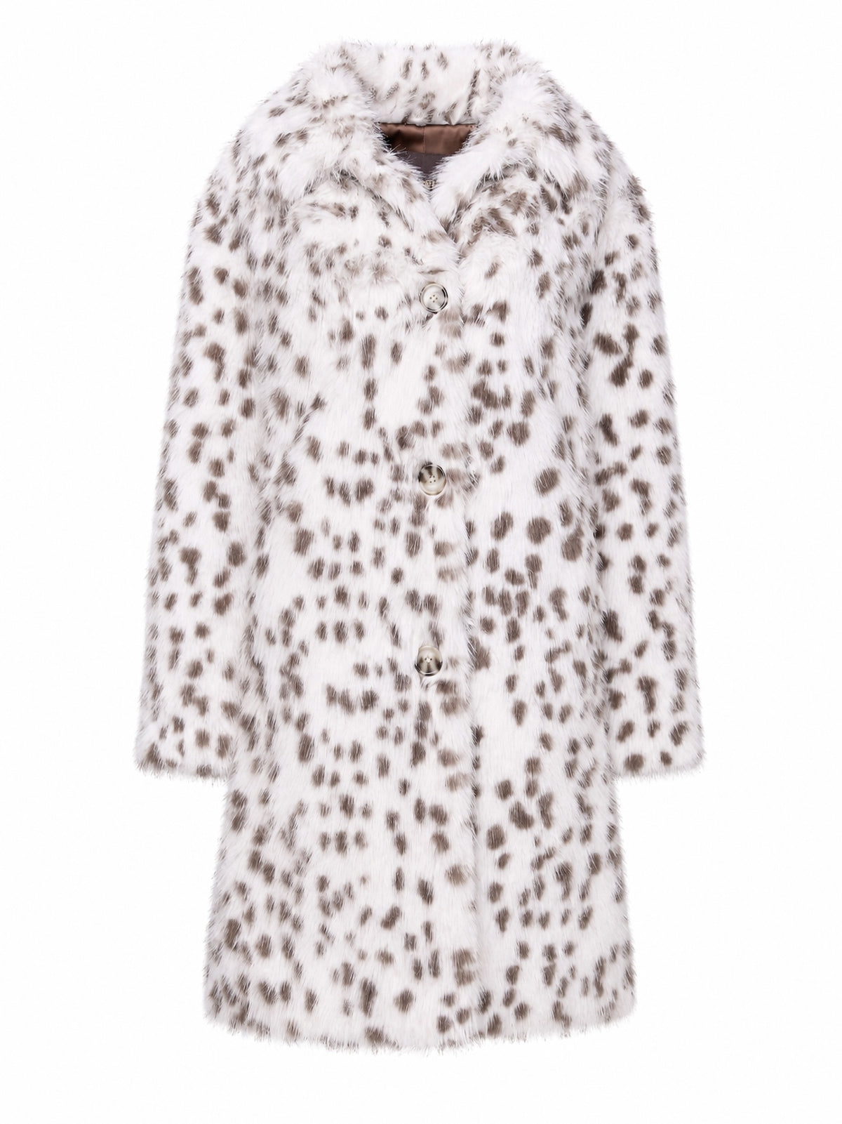 Premium cruelty-free faux fur coat in a Java Bean snow leopard pattern featuring a notched lapel collar, button-front closure, and a luxurious mid-length silhouette.