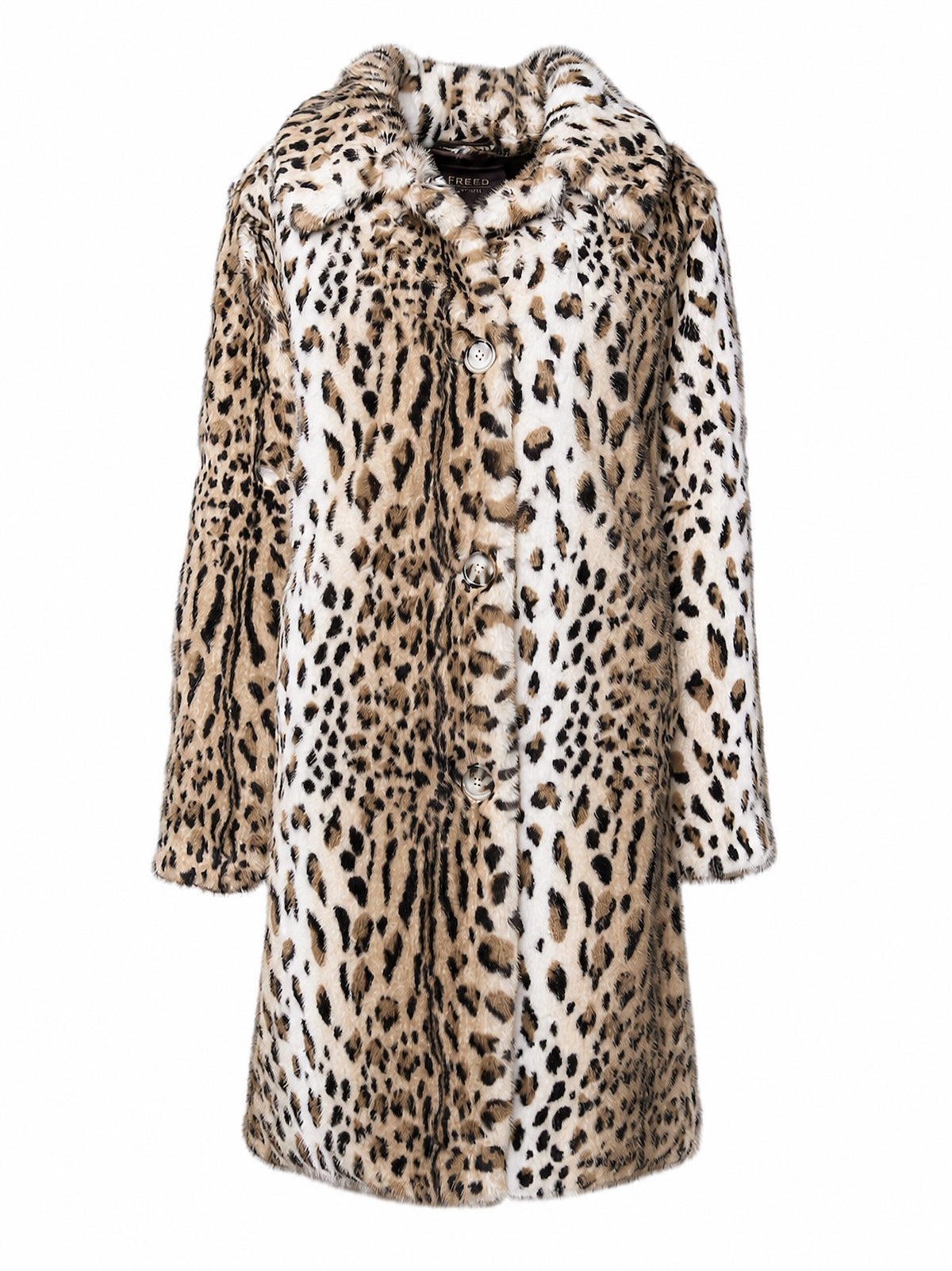 Premium cruelty-free faux fur coat in a classic leopard print featuring a notched lapel collar, button-front closure, and a luxurious mid-length silhouette.