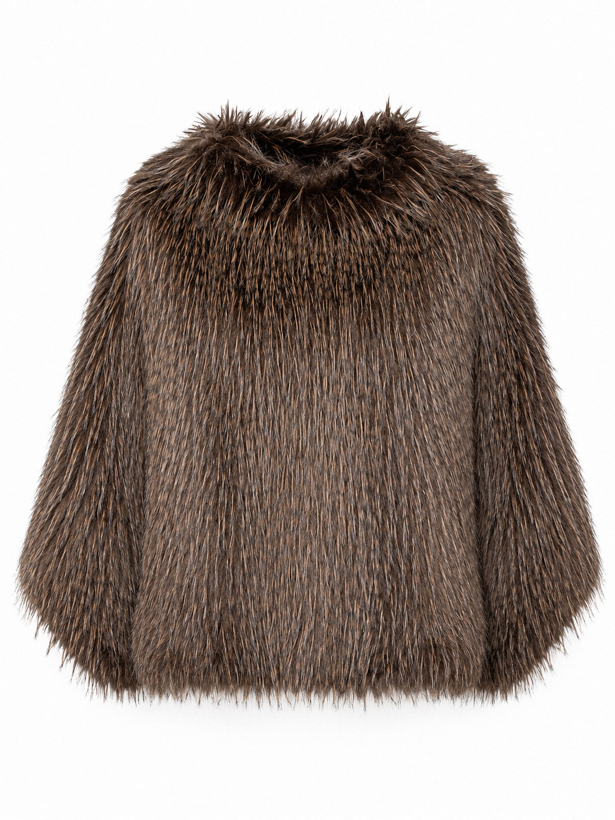 Model in the FREED Collette Sable faux fur poncho, showcasing its plush texture and relaxed oversized shape.