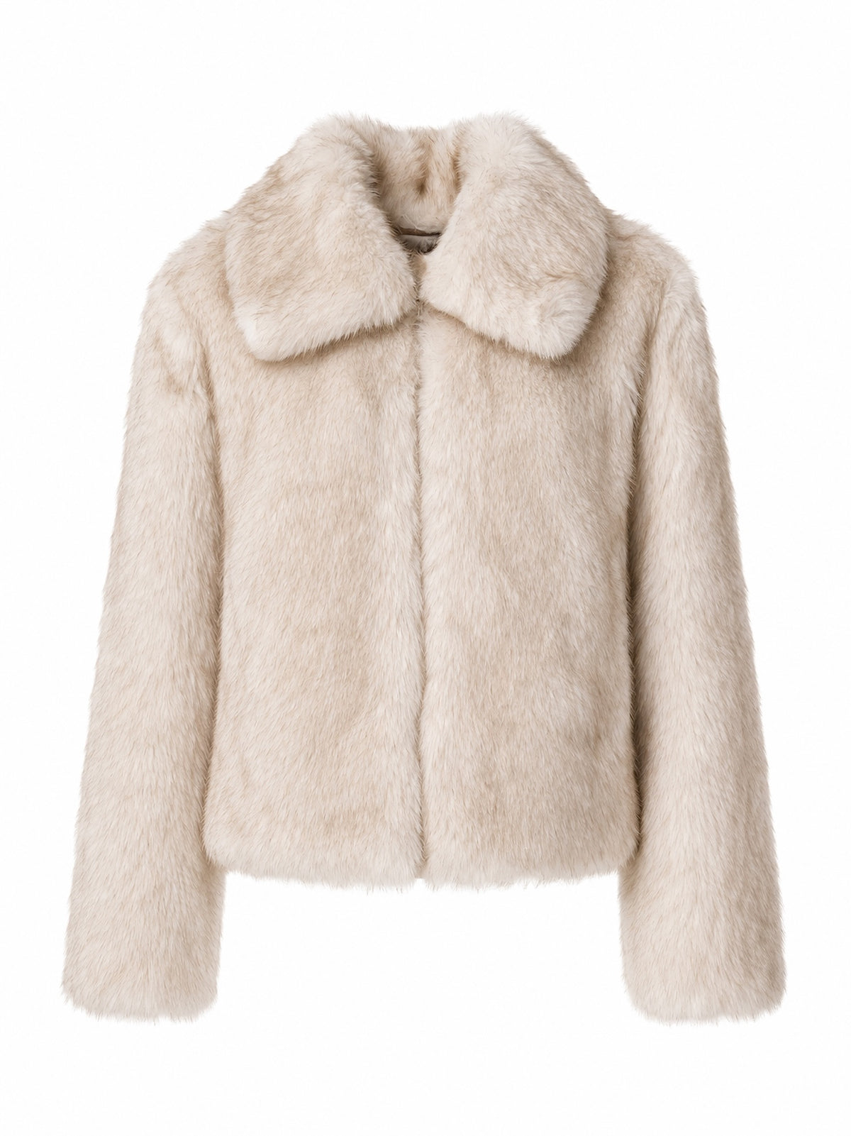 Premium cruelty-free faux fur jacket in a soft fox-inspired hue featuring a wide rounded collar, concealed front closure, and a plush, velvety finish.
