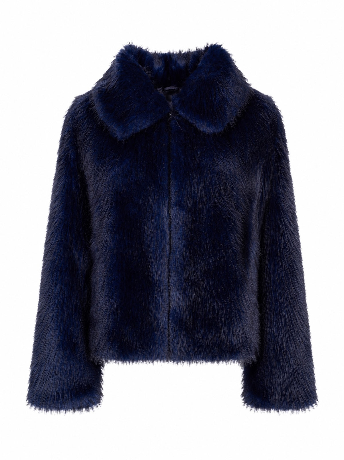 Premium cruelty-free faux fur jacket in a rich sapphire blue hue featuring a rounded collar, concealed front closure, and a soft, luxurious finish.