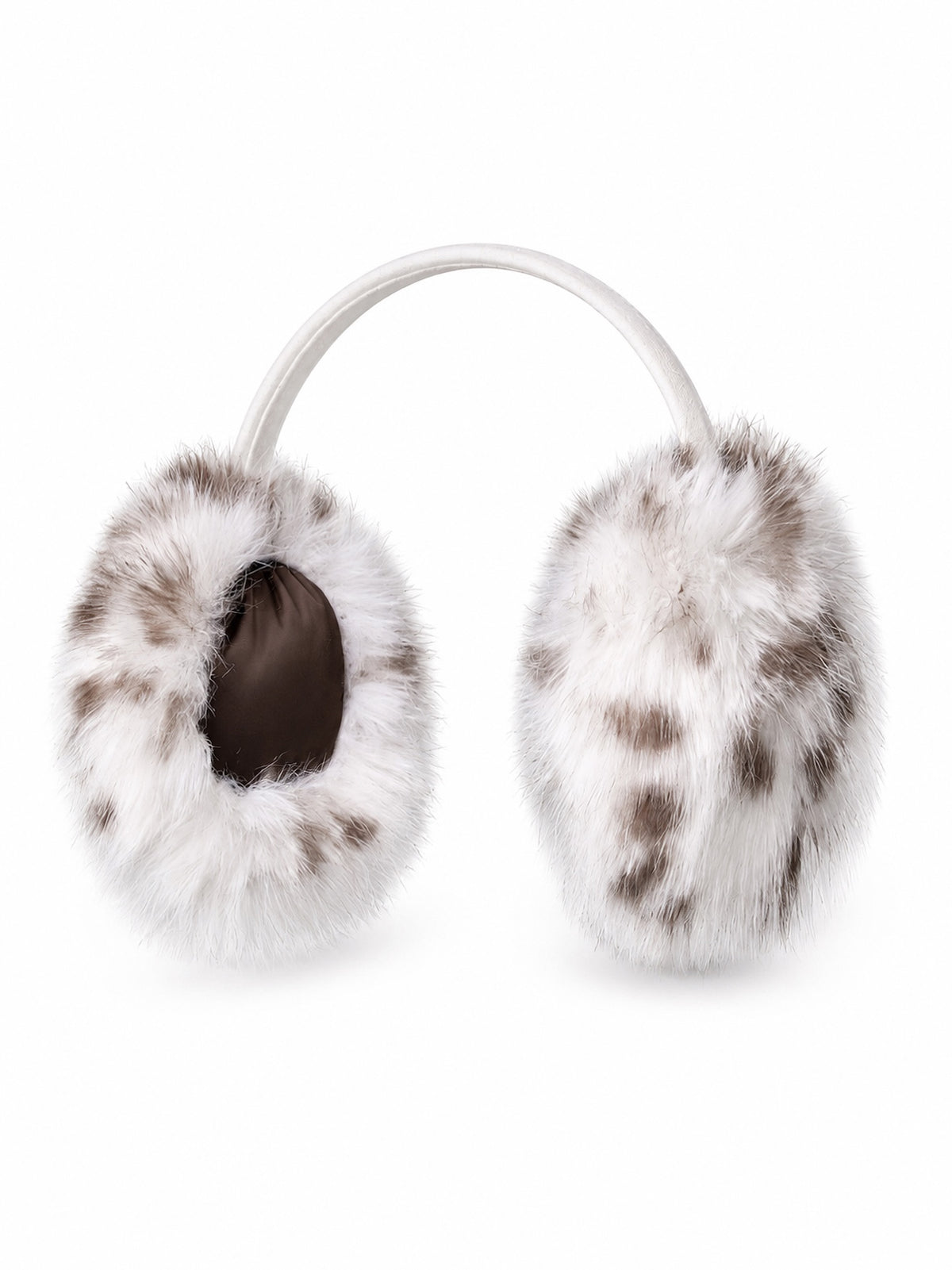 Luxury cruelty-free faux fur earmuffs in Java Bean featuring a soft ivory base with warm taupe spotted pattern, plush faux fur, and a comfortable covered headband designed for warmth and elevated winter style.
