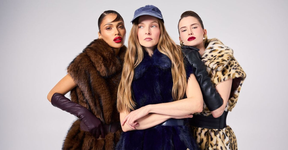 Three models wearing FREED faux fur outerwear from the Fall 2026 collection