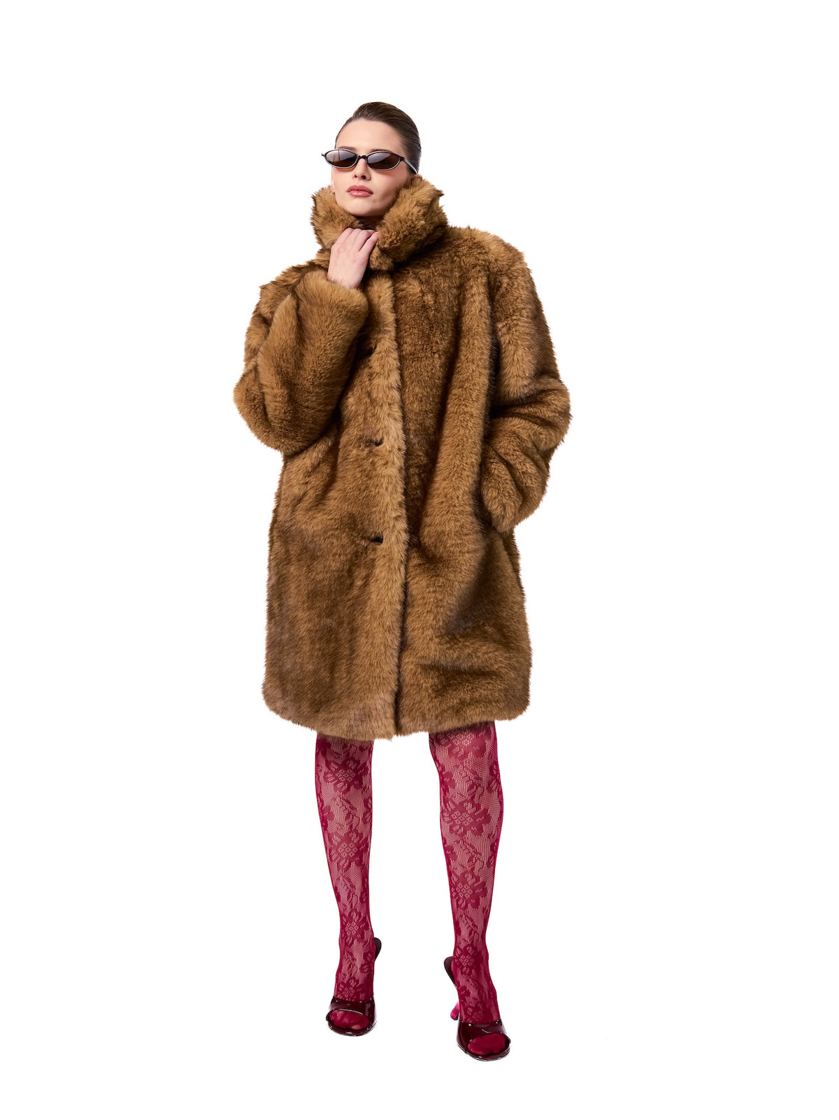 AUDREY coat in Bronde — front view of mid-length cruelty-free faux fur coat featuring a rich bronde hue, oversized stand collar, plush texture, and relaxed silhouette.