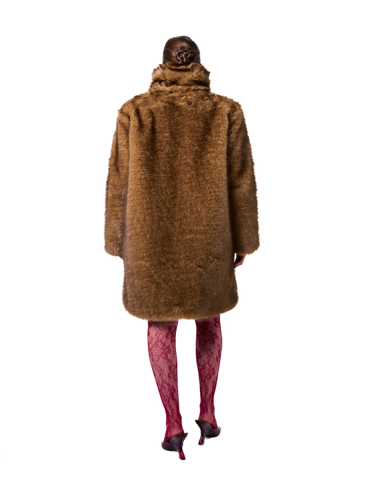 AUDREY coat in Bronde — back view showcasing the full faux fur finish, elegant longline silhouette, oversized collar, and rich bronde tone.