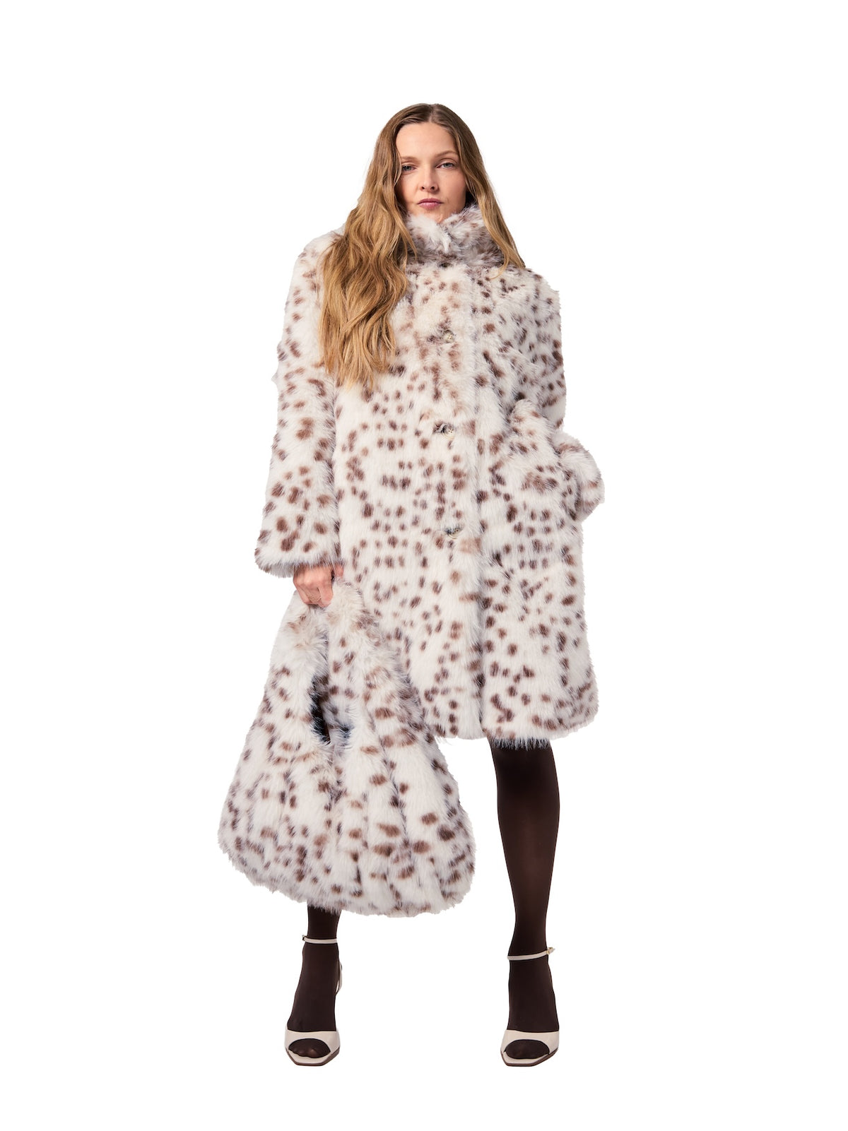 AUDREY coat in Java Bean — front view of a mid-length cruelty-free faux fur coat featuring a rich espresso spotted pattern, oversized stand collar, front button closure, and matching faux fur shopper tote.