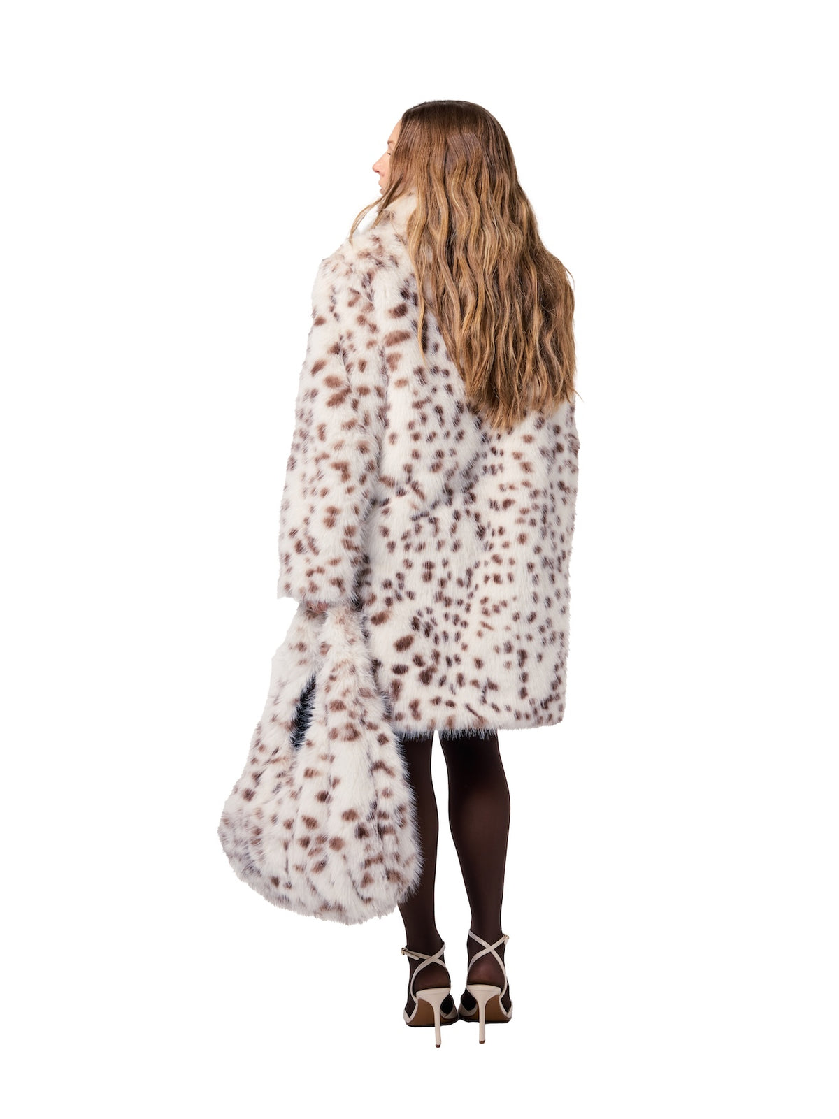 AUDREY coat in Java Bean — back view showcasing the all-over espresso spotted pattern, plush faux fur finish, midi-length silhouette, and matching tote accessory.