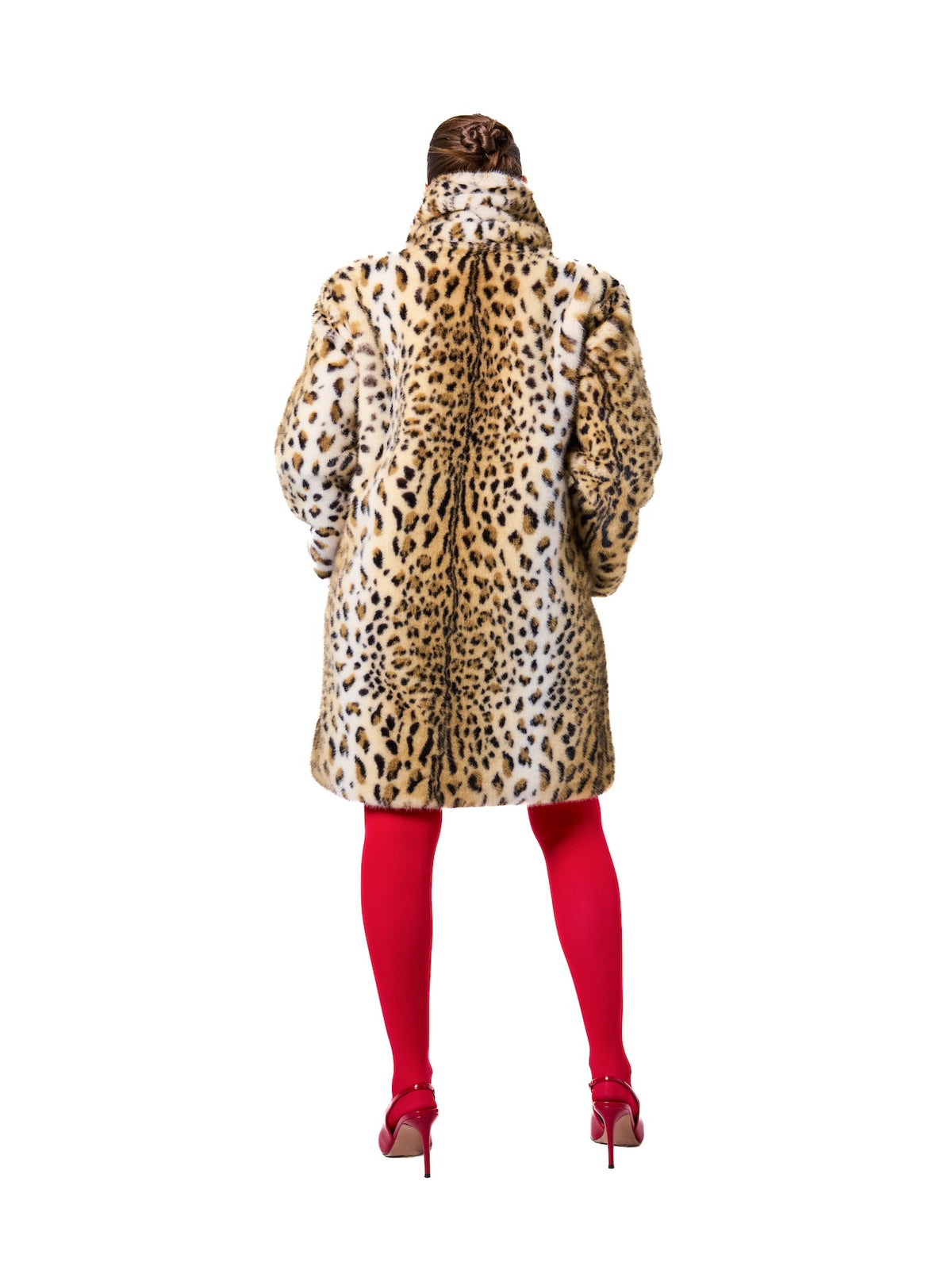 AUDREY coat in Leopard — back view highlighting the all-over leopard print pattern, rich faux fur finish, structured collar, and sophisticated winter silhouette.
