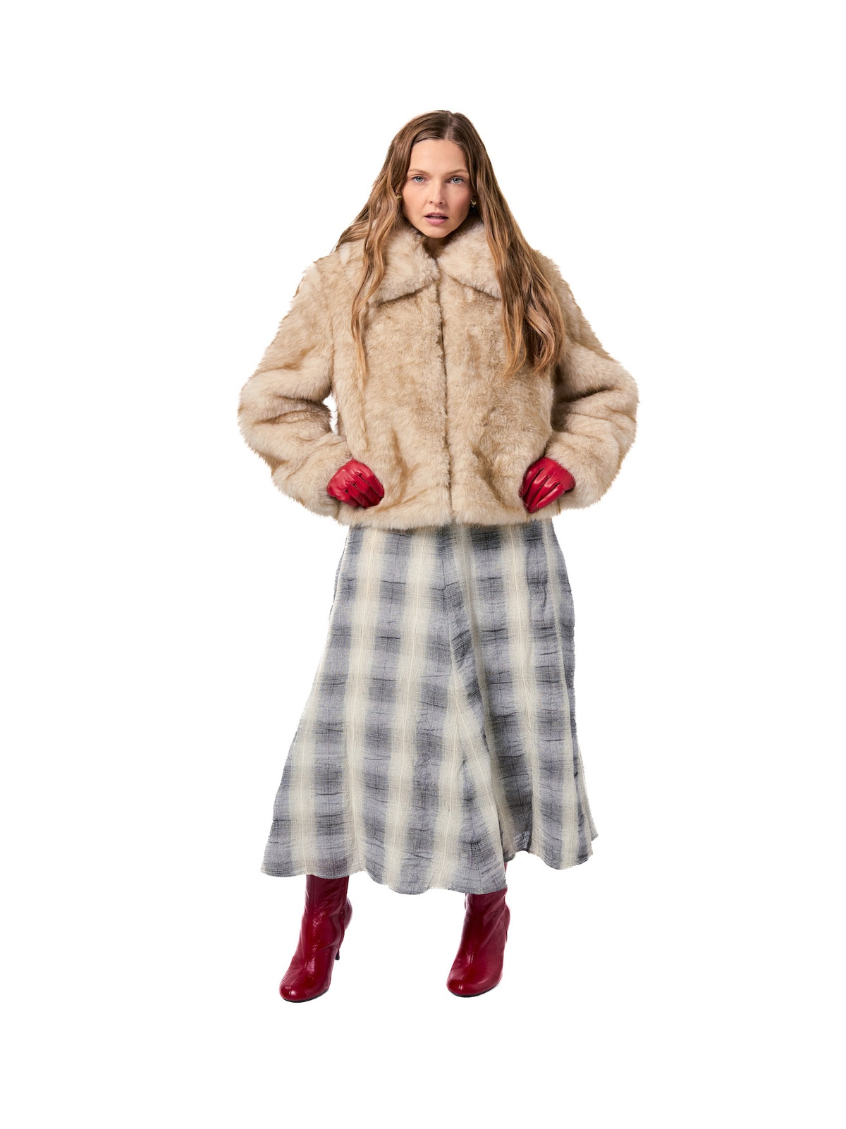 CORI jacket in Fox — front view of a cropped fox-colored faux fur jacket featuring an oversized collar, voluminous sleeves, luxurious texture, and a sophisticated vintage-inspired silhouette.