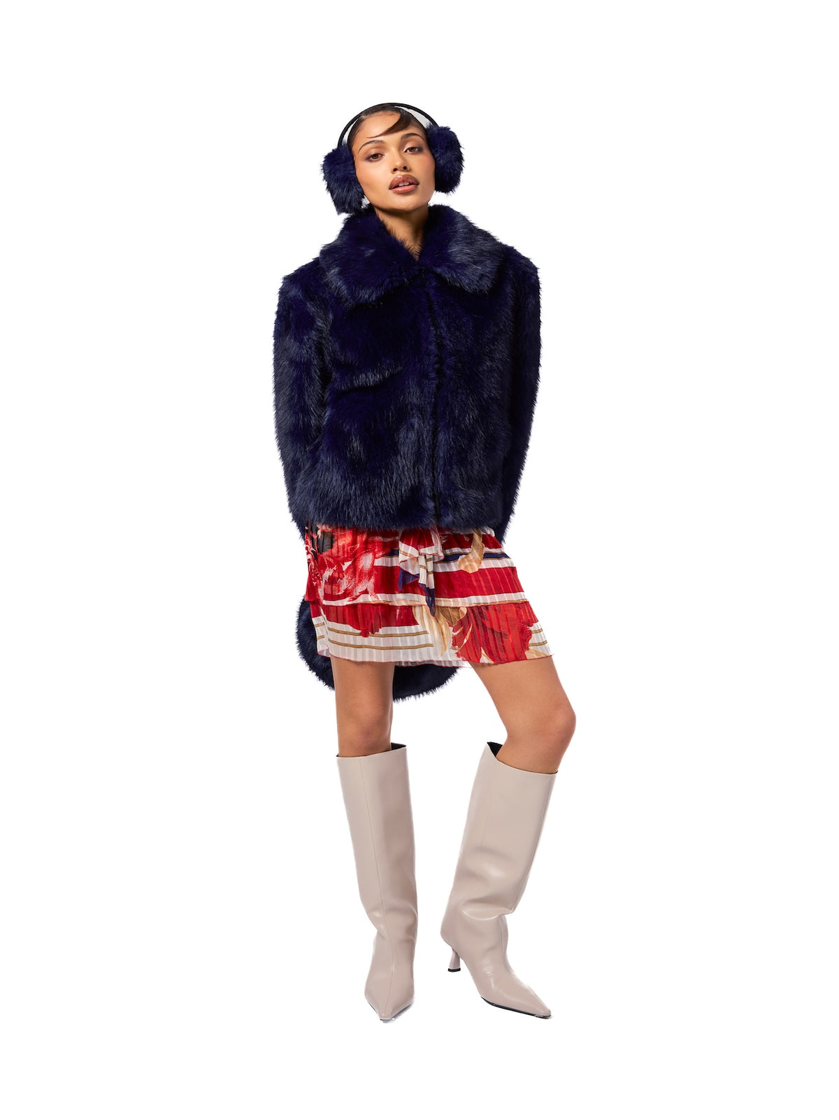 CORI jacket in Sapphire — front view of a cropped sapphire blue faux fur jacket featuring an oversized collar, voluminous sleeves, and a luxurious vintage-inspired silhouette.