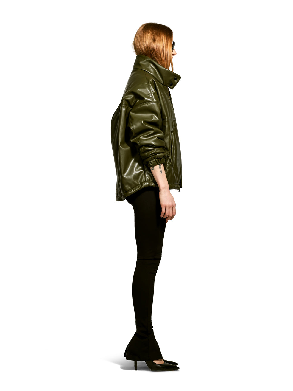 Billy Olive Faux Leather Cropped Bomber Jacket - Side View On Model 2