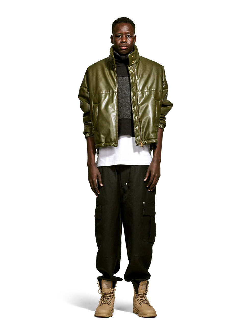 Billy Olive Faux Leather Cropped Bomber Jacket - Front View On Model 1