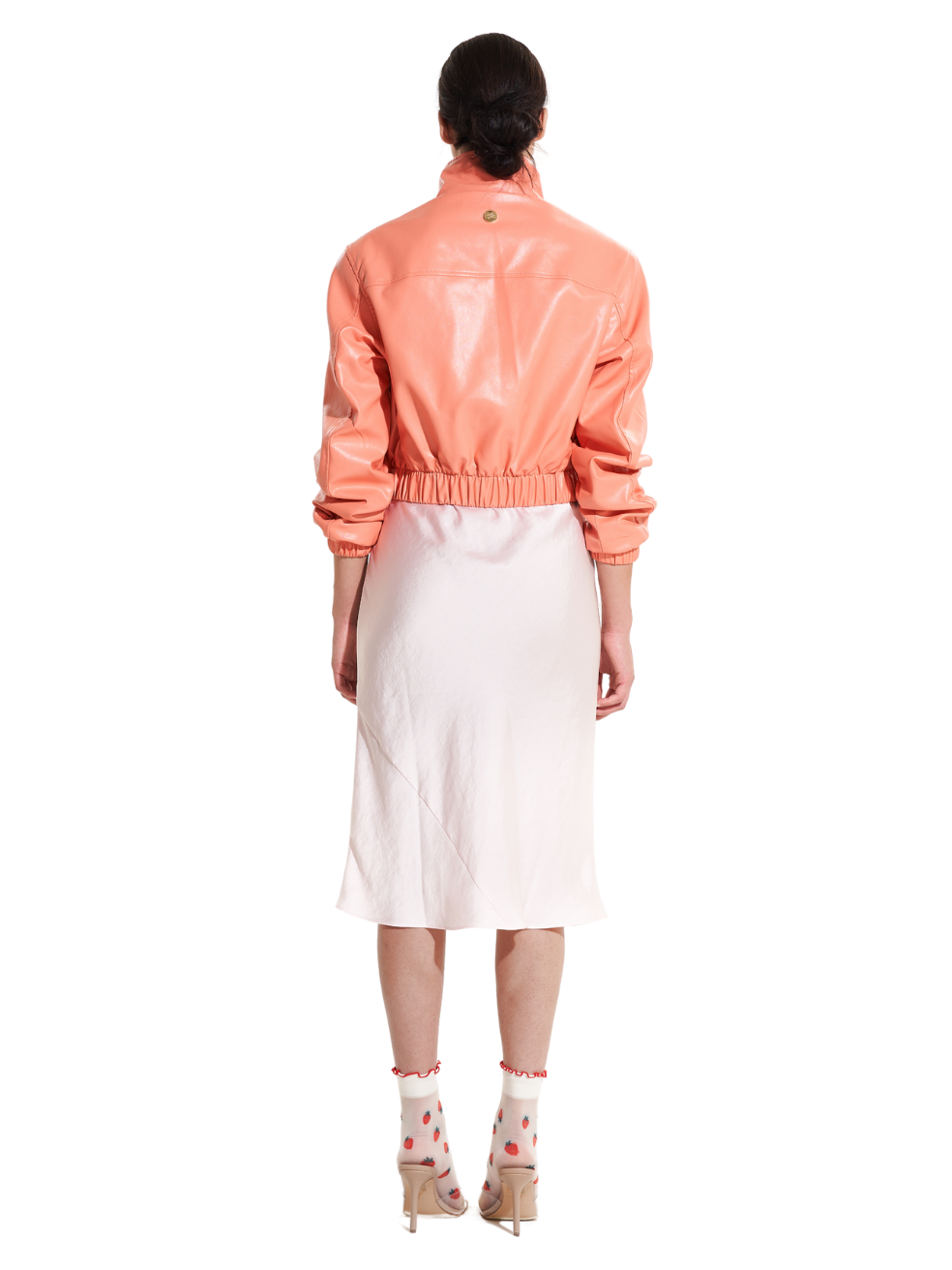 Shiloh Peach Vegan Leather Jacket - Back View On Model