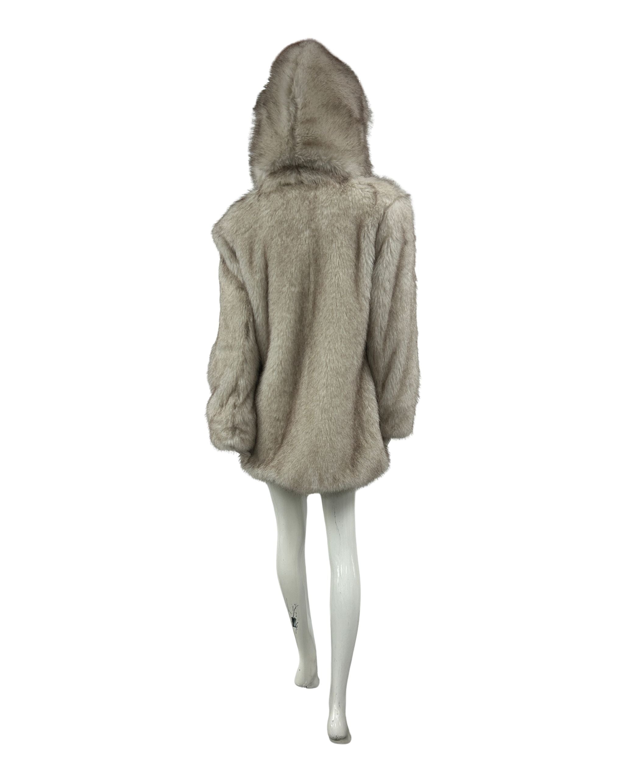 Mannequin wearing a beige hooded coat on a white background